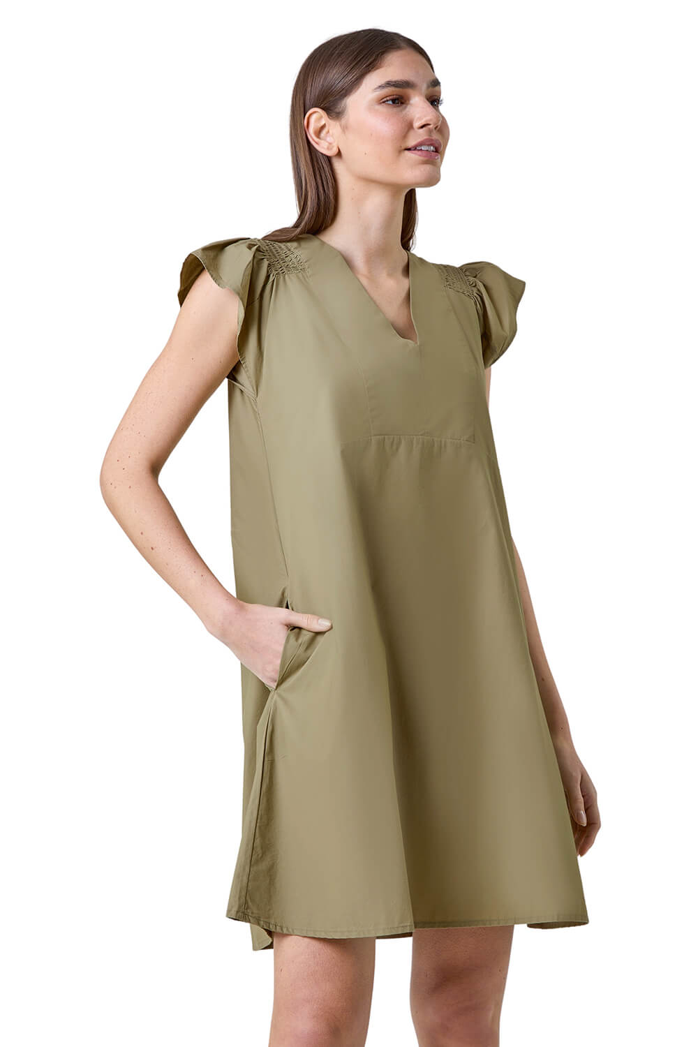Roman Womens Plain Cotton Frill Sleeve Pocket Dress - Green - Size 18 UK