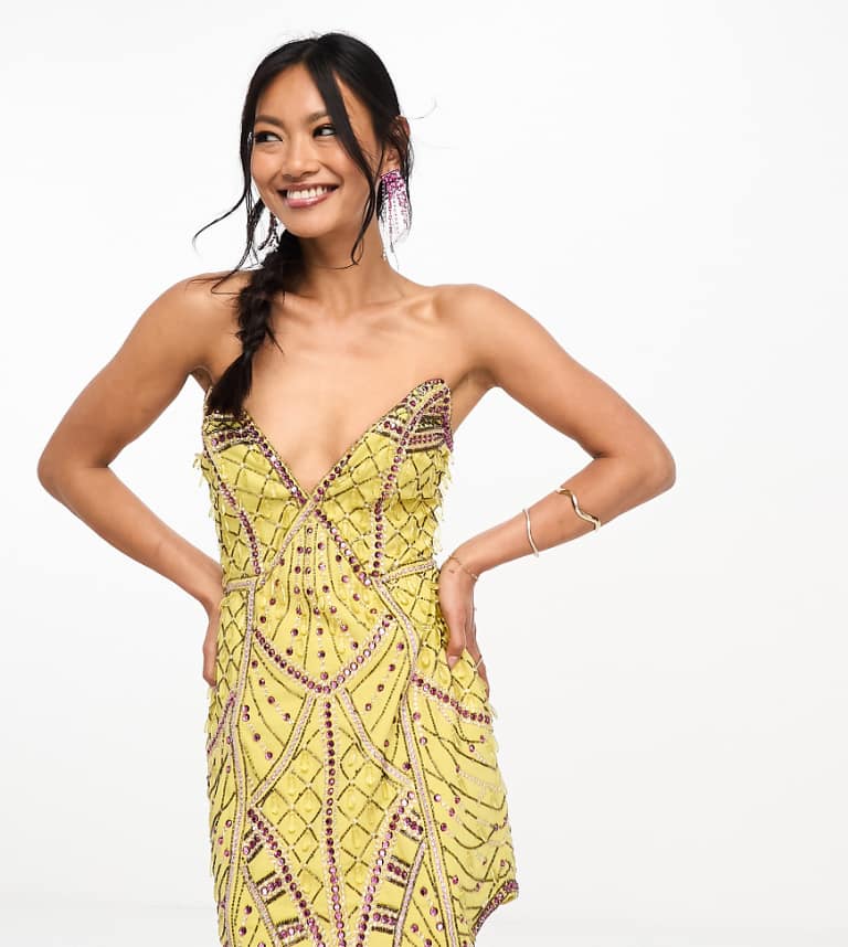 ASOS DESIGN embellished structured plunge mini dress with curve hem in  yellow