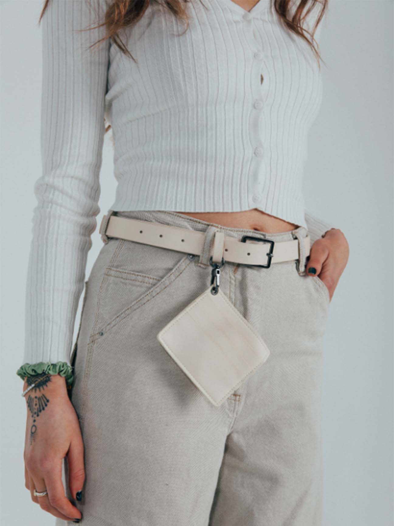 SVNX Womens PU Leather Belt with Dettachable Card Holder - Cream - One Size