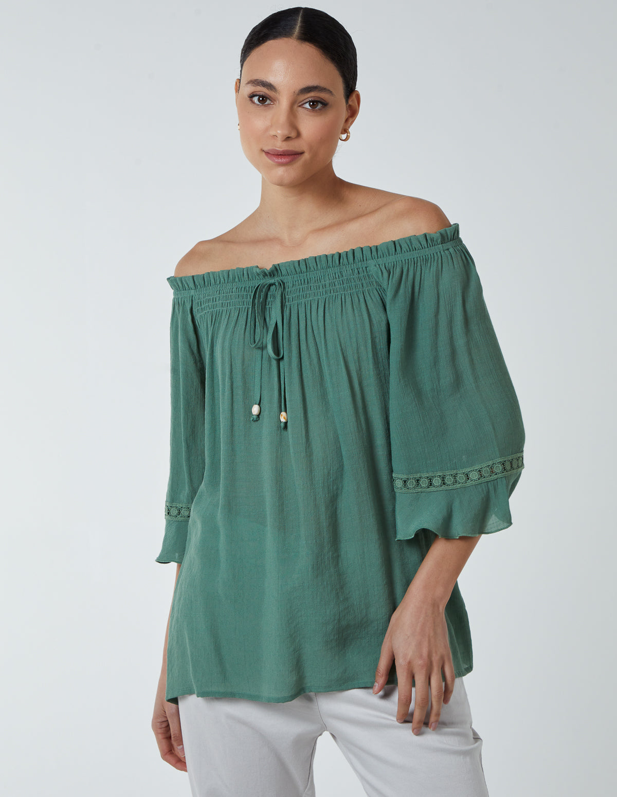 Blue Vanilla Womens Bardot Tie Front Top - Khaki - Size Medium