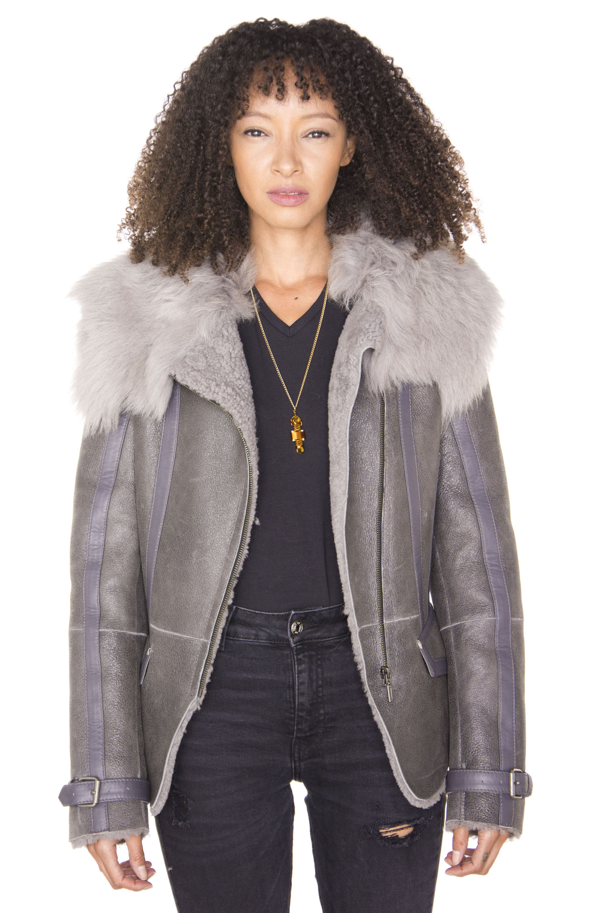 Infinity Leather Damen Grå Toscana Shearling Flying Jacket-Teresina pälsjackor – bild 2