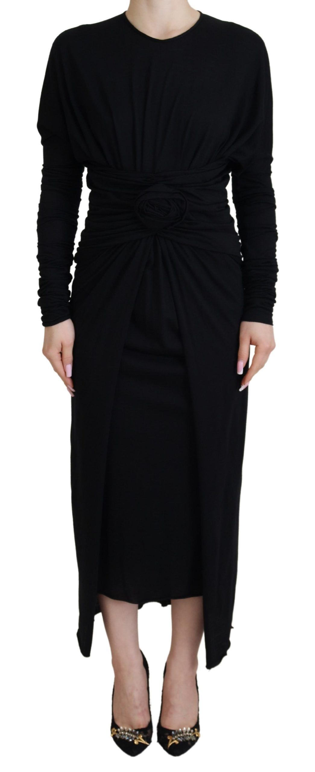 Dolce & Gabbana Black Sheath Midi Gown Wool Wrap Womens Dress Wool (archived) – Size Small