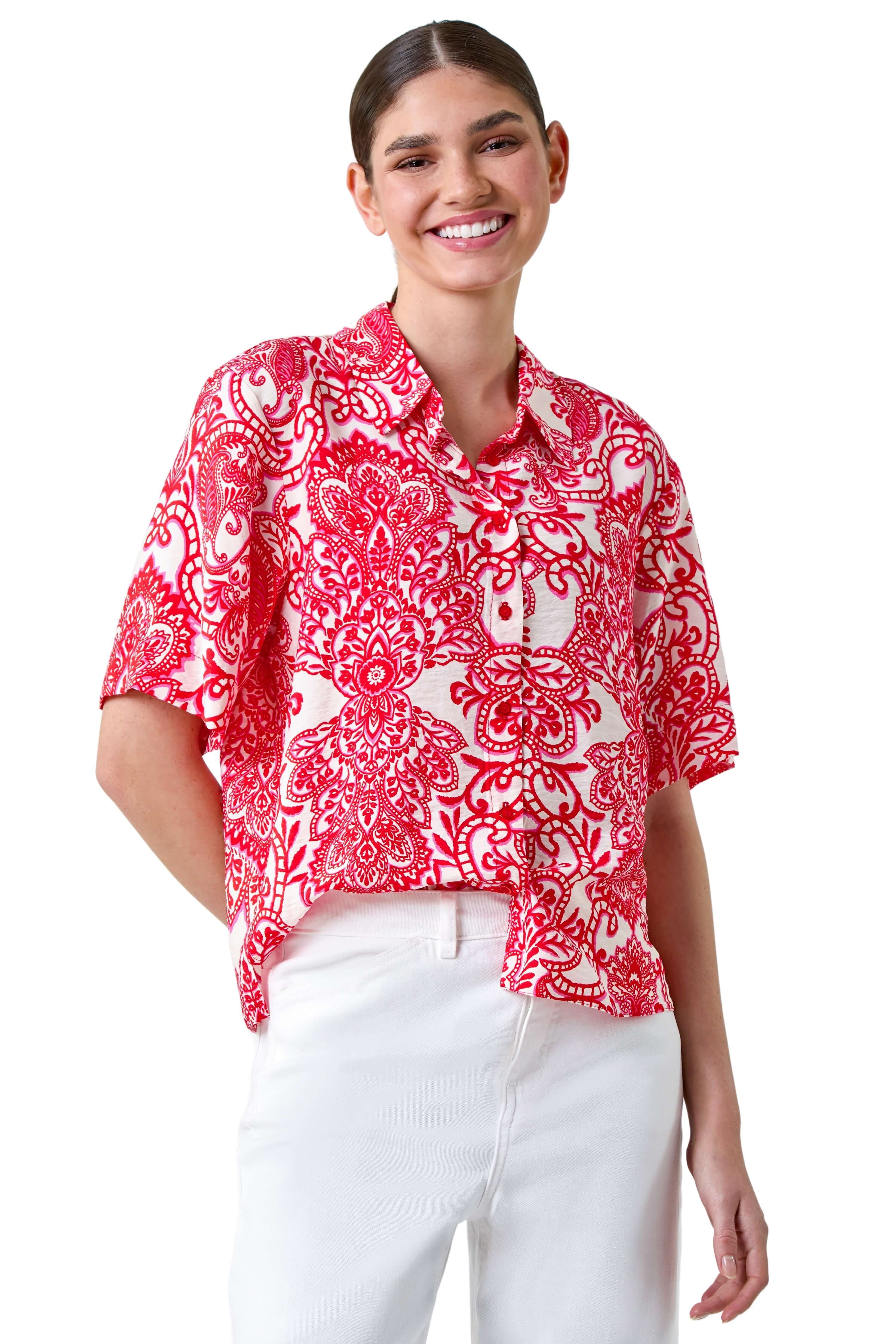 Roman Womens Paisley Print Button Shirt - Red - Size 10 UK