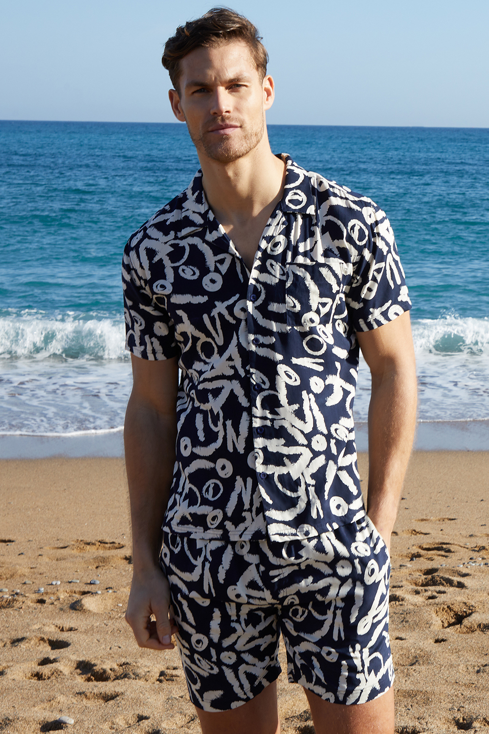 Threadbare Mens Navy 'Langdale' Abstract Print Revere Collar Short Sleeve Shirt - Size Small