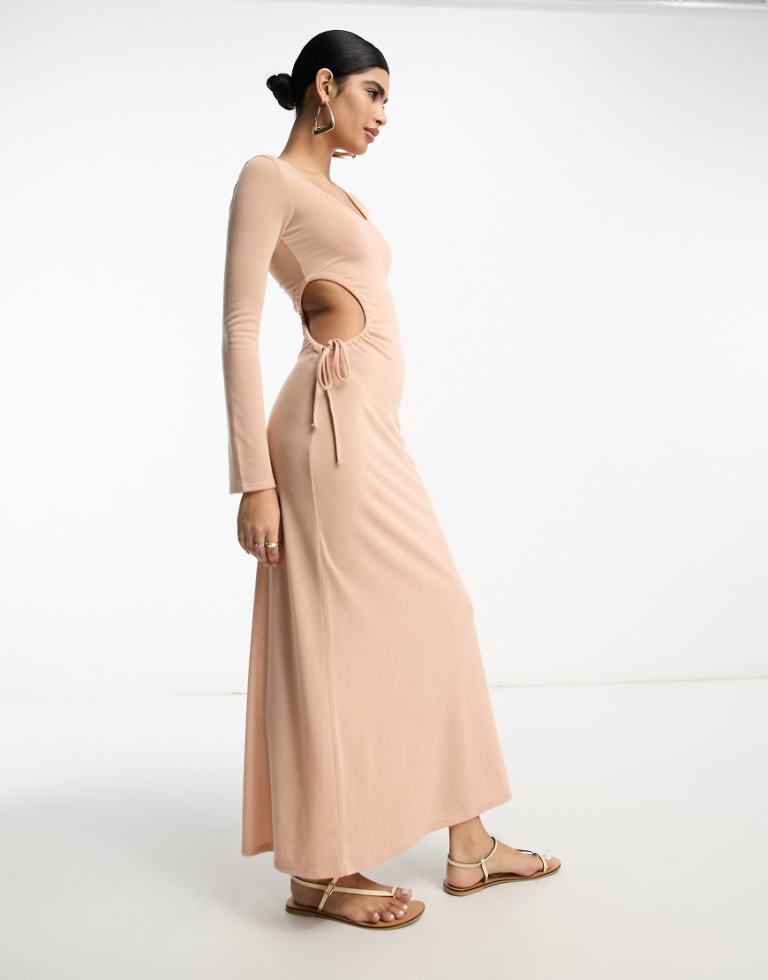 ASOS DESIGN Womens Scoop ruched side maxi dress with long sleeve in light pink - Size 12 UK