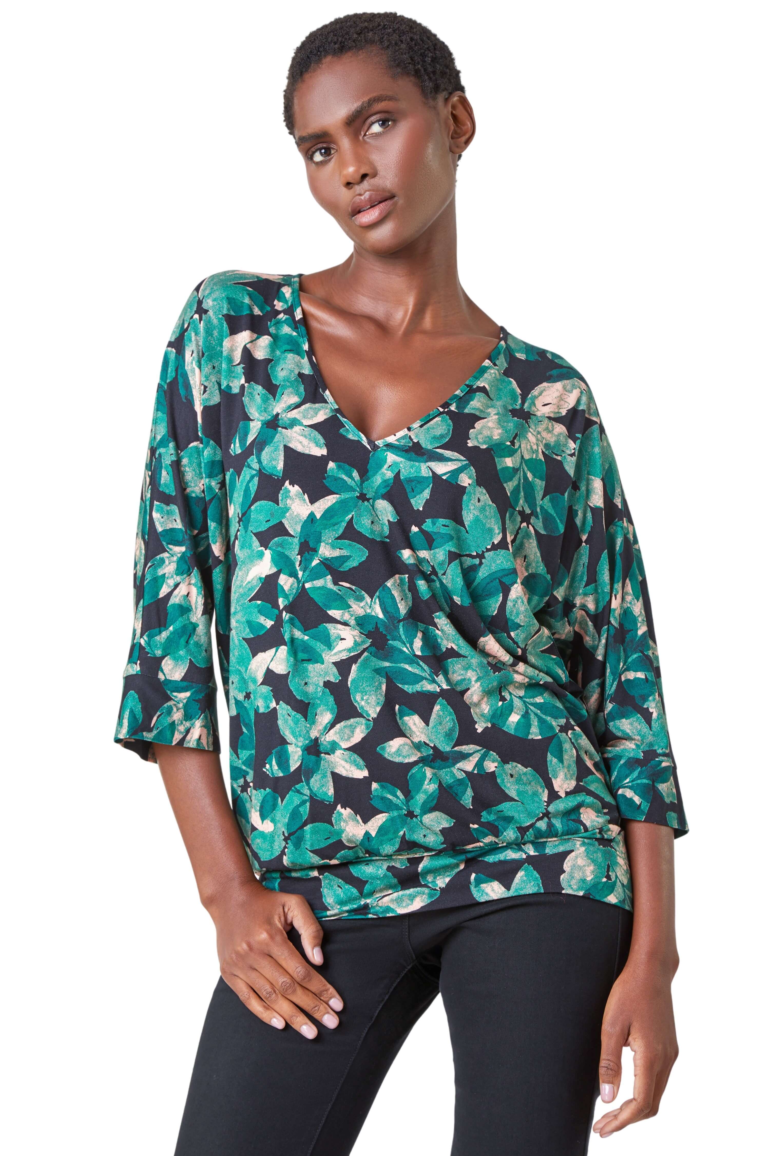 Roman Womens Floral Print Blouson Stretch Top - Green - Size 10 UK