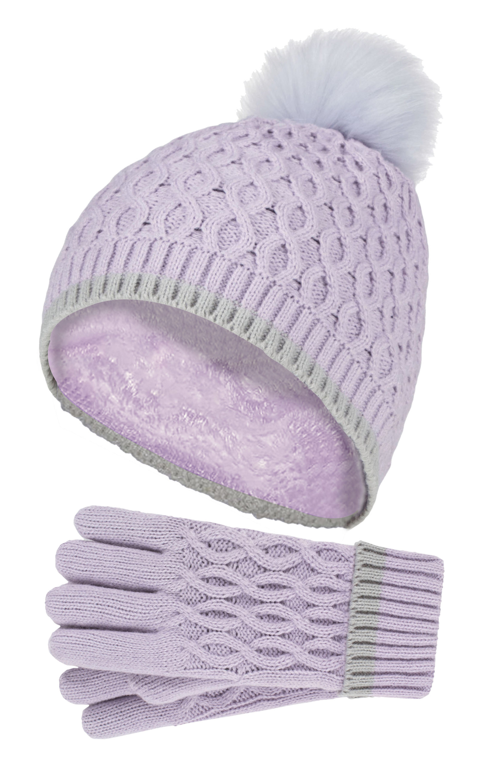 Thumbnail - Wärmehalter - Thermoisolierte Pom Pom Bommelmütze und Handschuhe für Mädchen | bunte Pastellfarben - Lavendel Frost