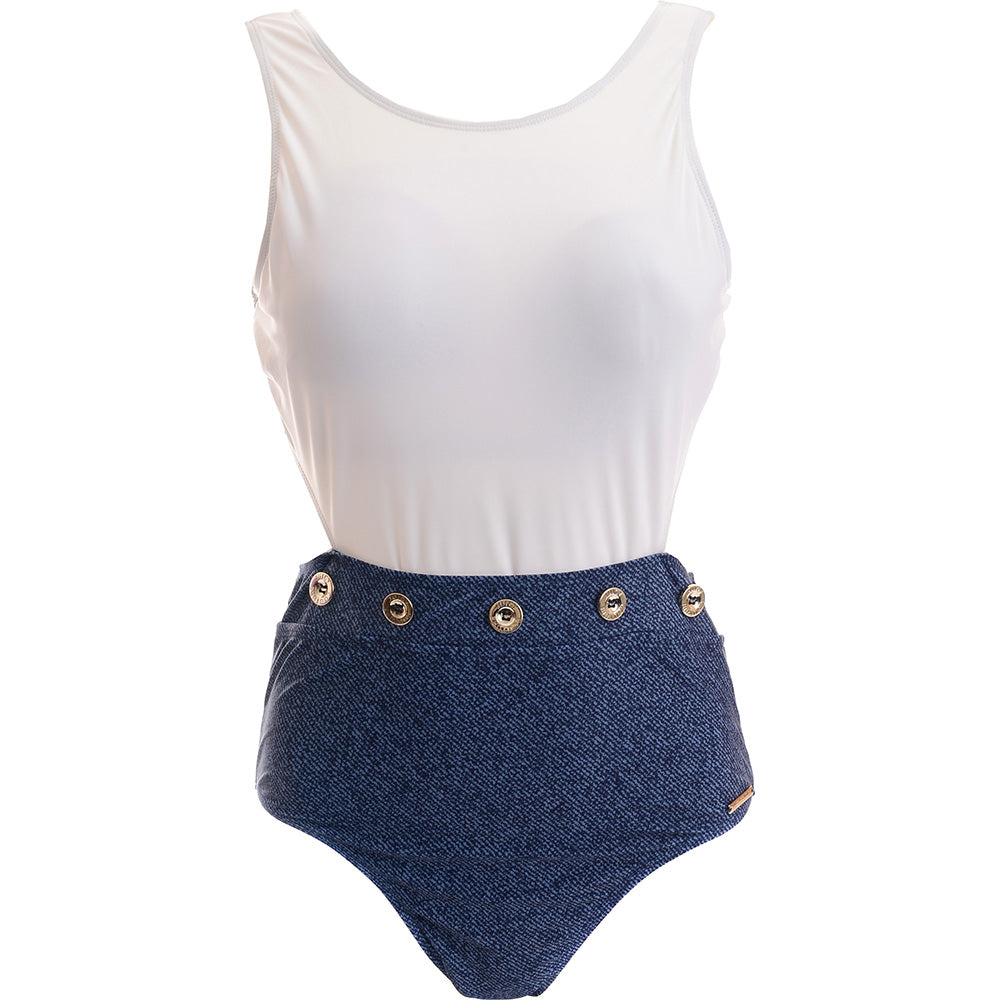 Womens Juicy Couture Boardwalk Sass Cut Out Swimming Costume in Blue/White