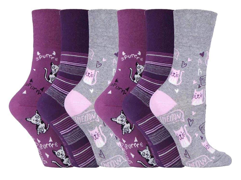 Gentle Grip Womens - 6 Pairs Ladies Non Elastic Socks - GG200 - Purple Cotton - Size UK 4-8