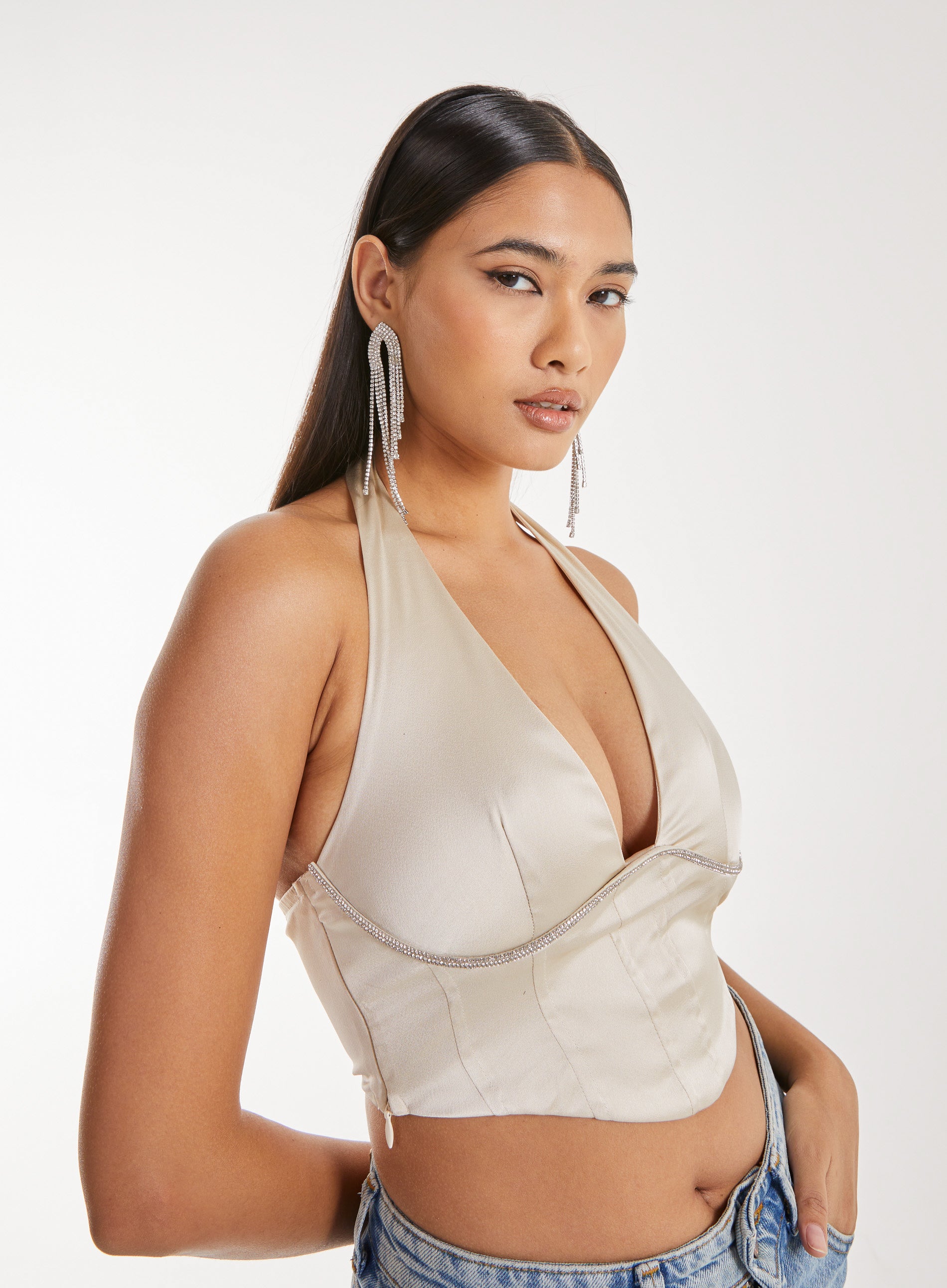 Pink Vanilla Womens Diamante Halter Neck Top - Champagne - Size 8 UK