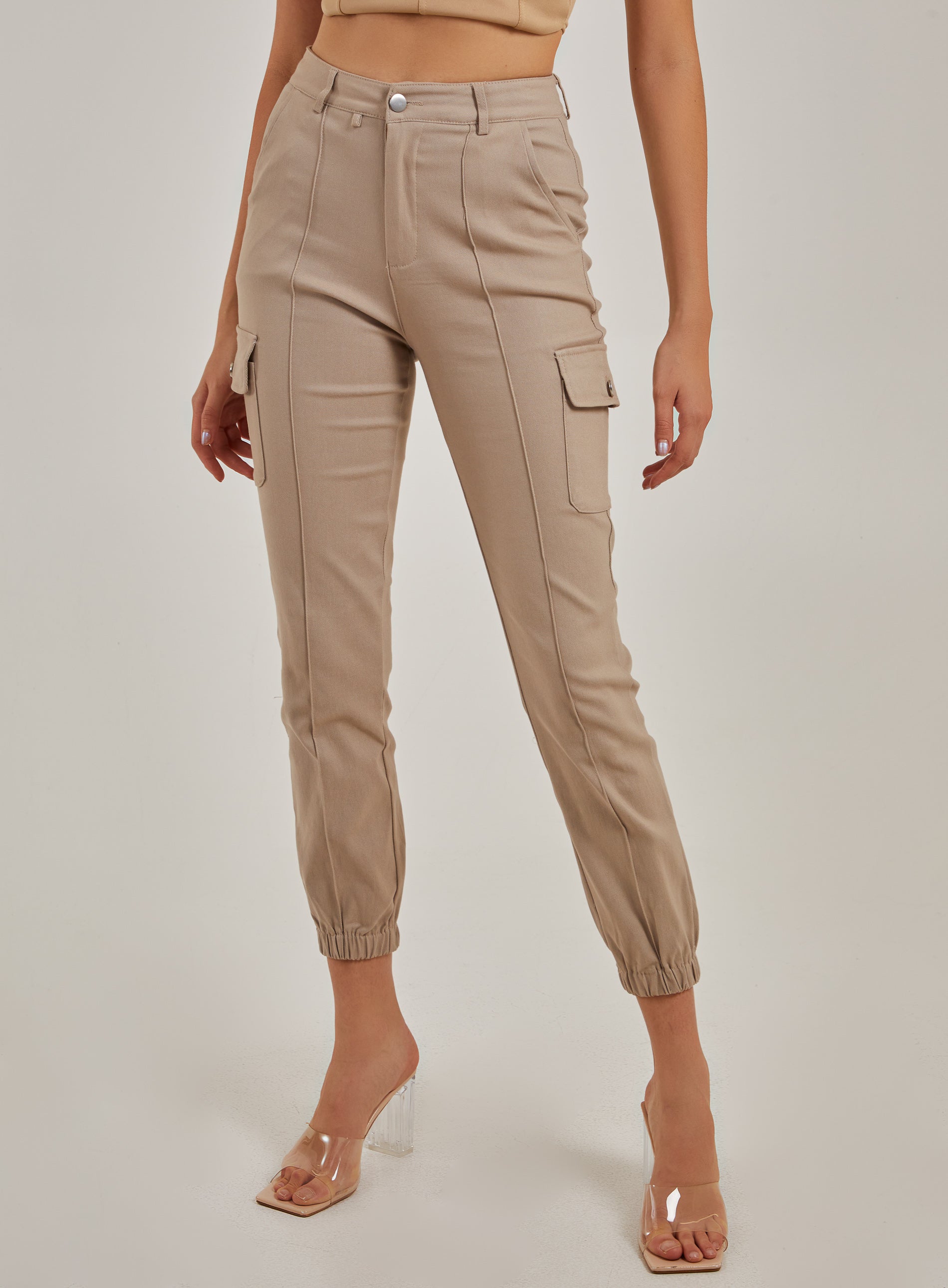 Pink Vanilla Womens Utility Stretch Cargo Trousers - Stone - Size 14 UK