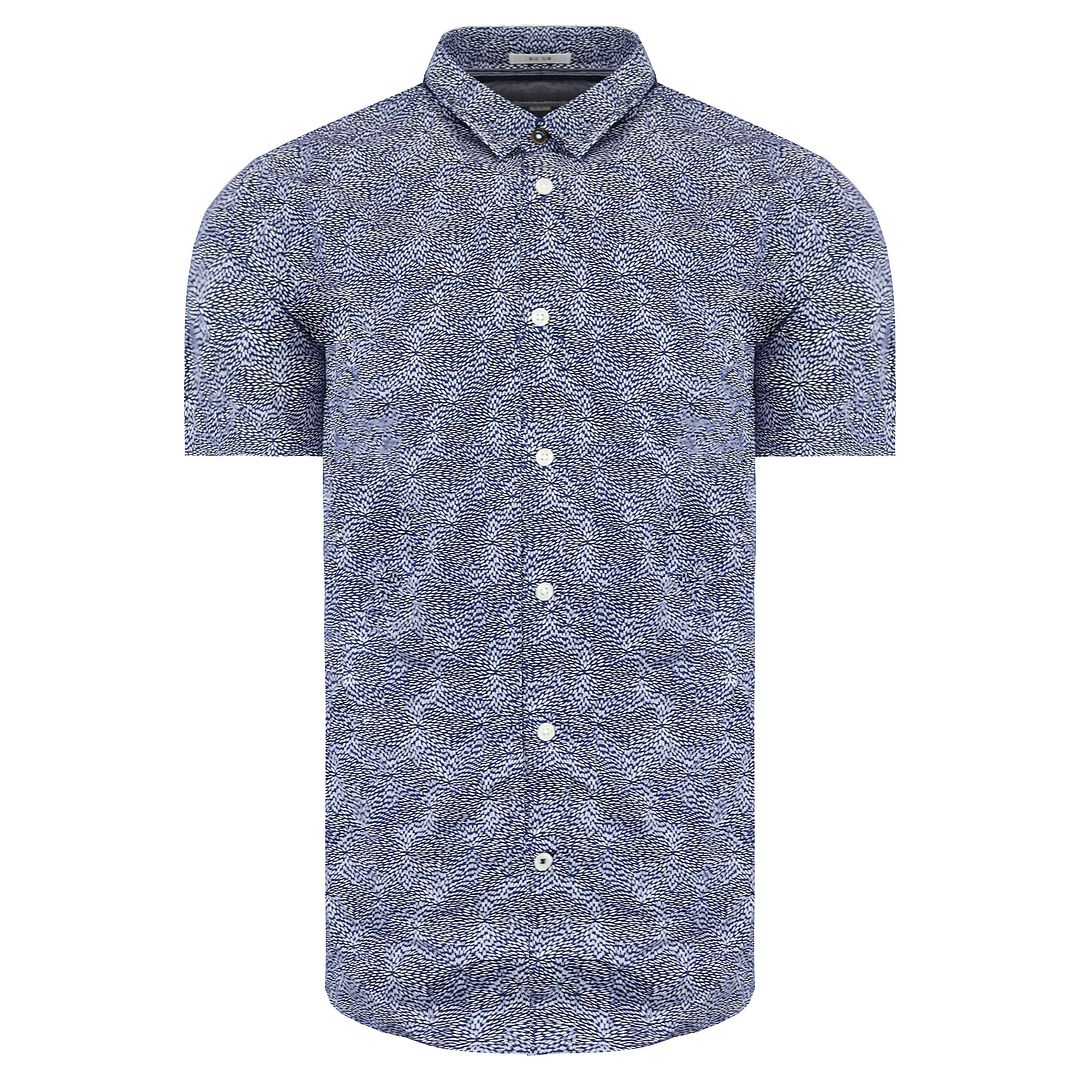 Pepe Jeans Mens Steve Slim Fit Short Sleeve Printed Blue White Men Shirt PM305850 0AA Cotton - Size Large