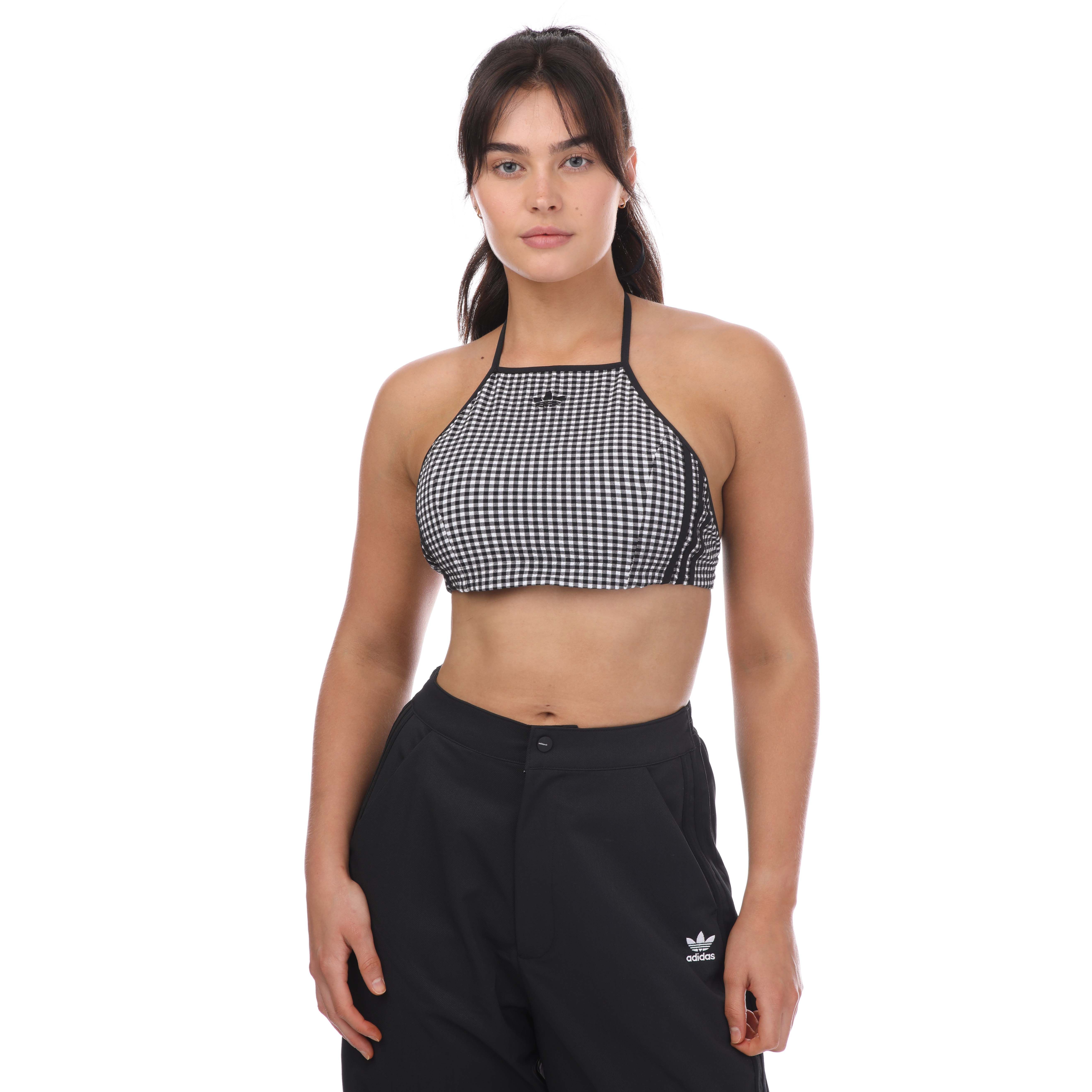 adidas Originals Womens Gingham Top in White Black - Black & Silver Cotton - Size 12 UK