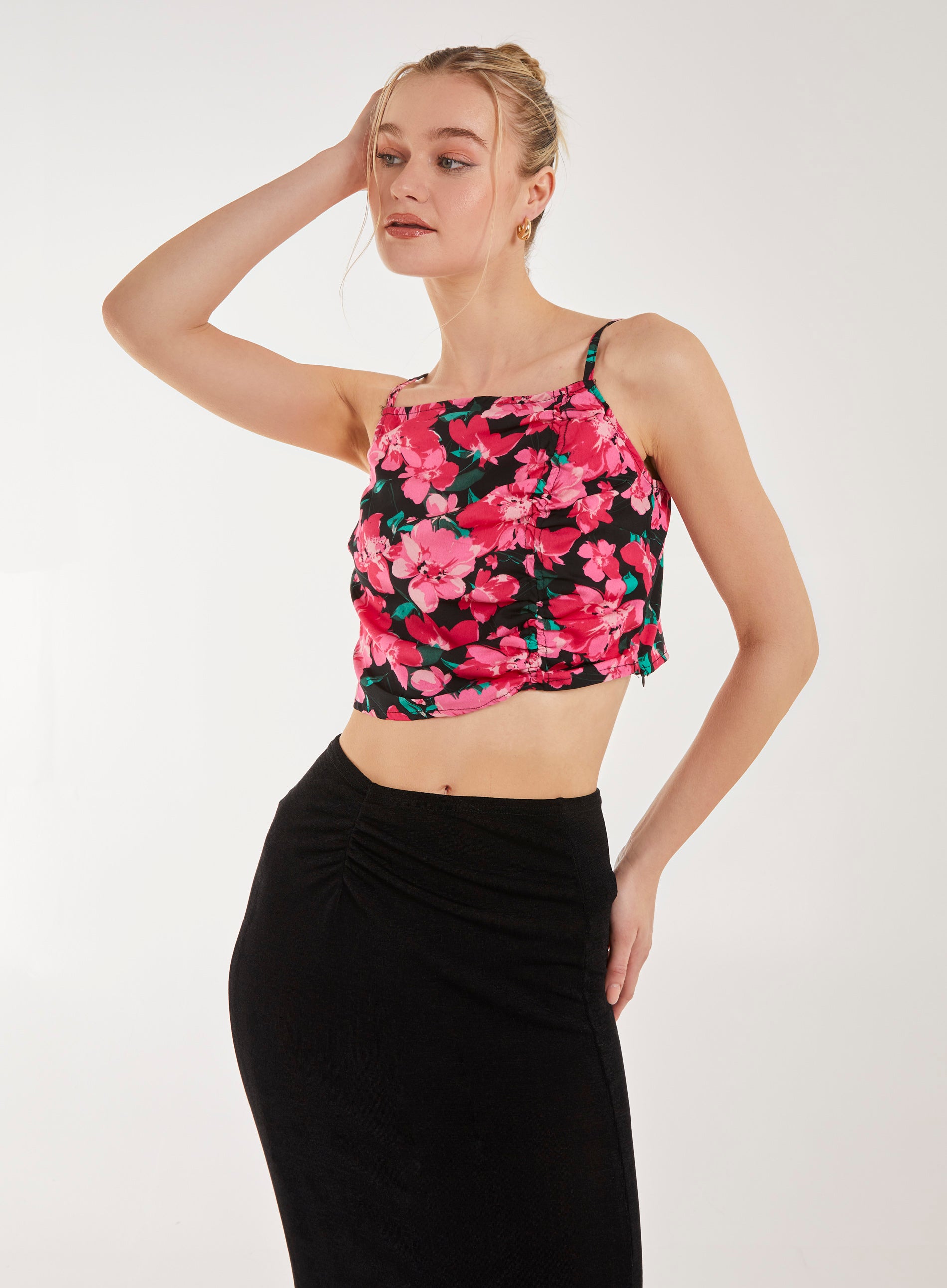 Pink Vanilla Womens Floral Ruched Cami Top - Size Small
