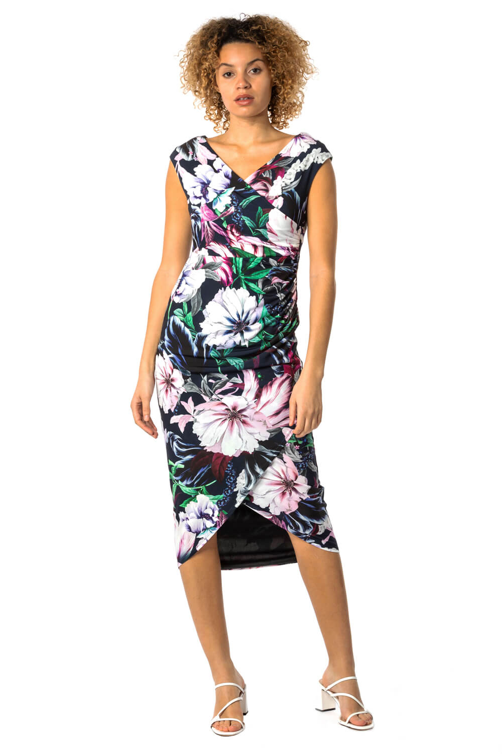 Roman Womens Floral Print Ruched Wrap Dress - Navy - Size 8 UK