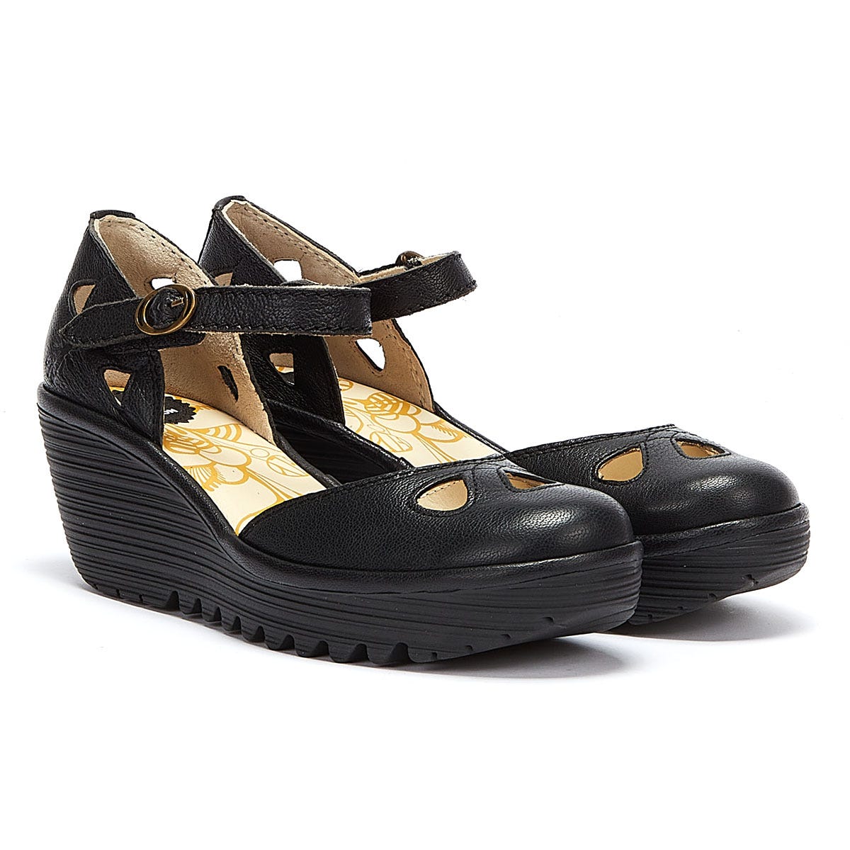 Thumbnail - Fly London Yuna Womens Leder Keilsandalen - (Schwarz)