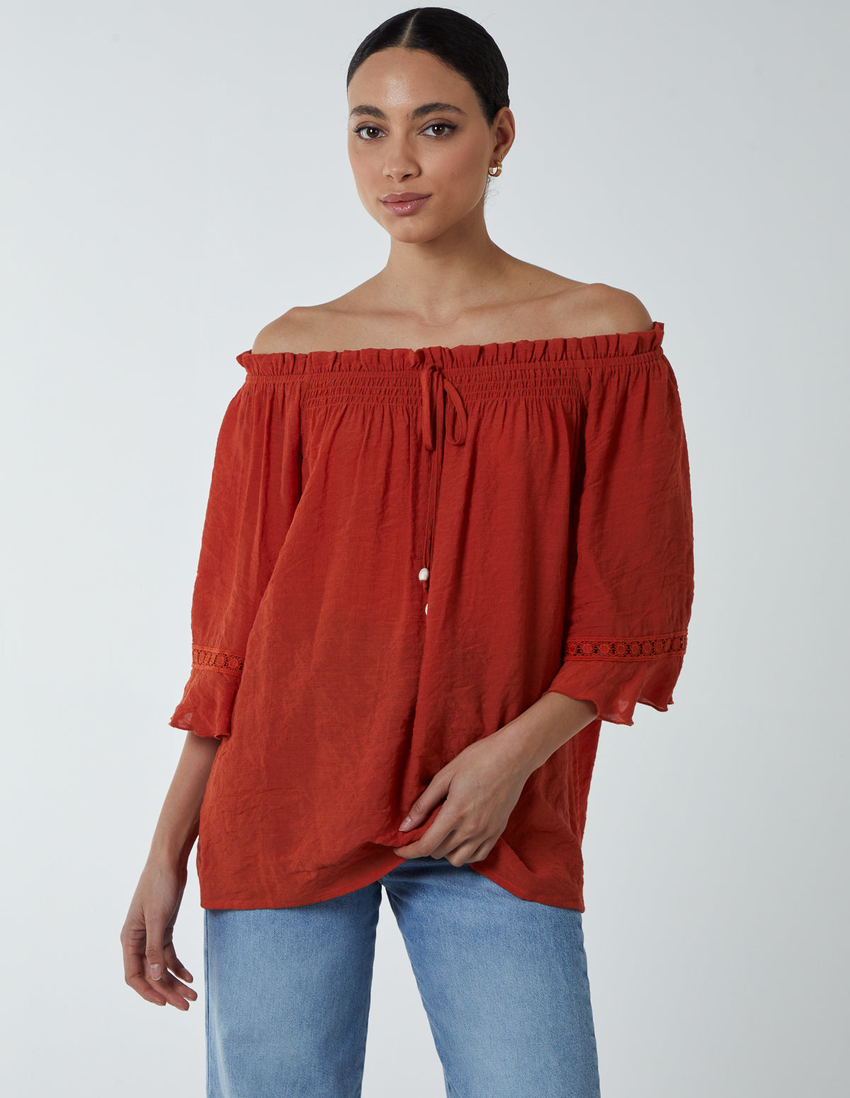 Blue Vanilla Womens Bardot Tie Front Top - Orange - Size Small