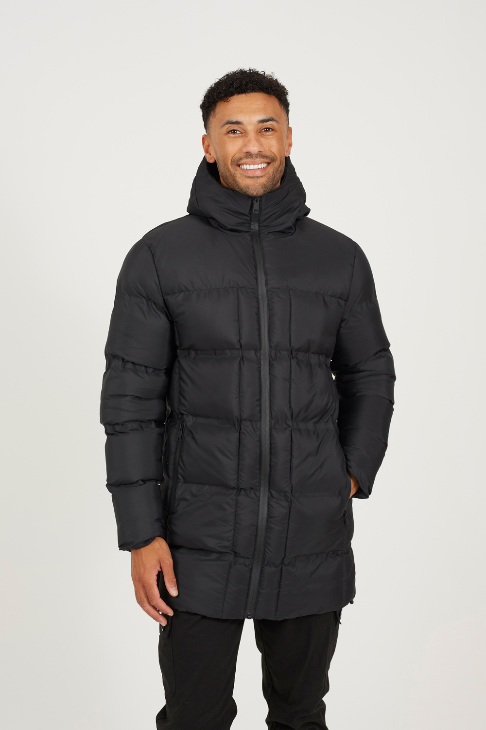 Brave Soul Mens Black Longline Padded Hooded Jacket - Size Small