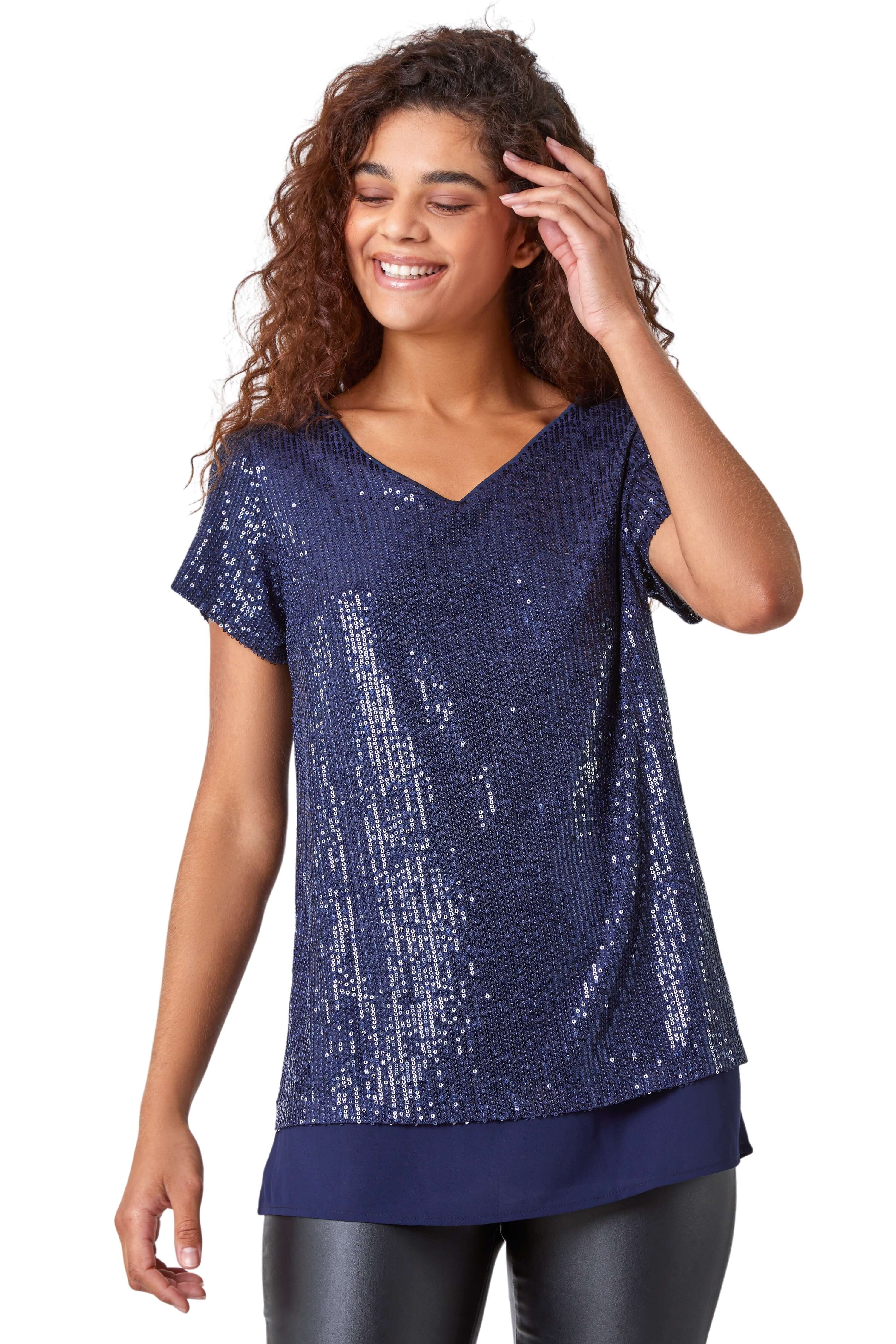 Roman Womens V-Neck Sequin Contrast Hem Tunic Stretch Top - Navy - Size 10 UK