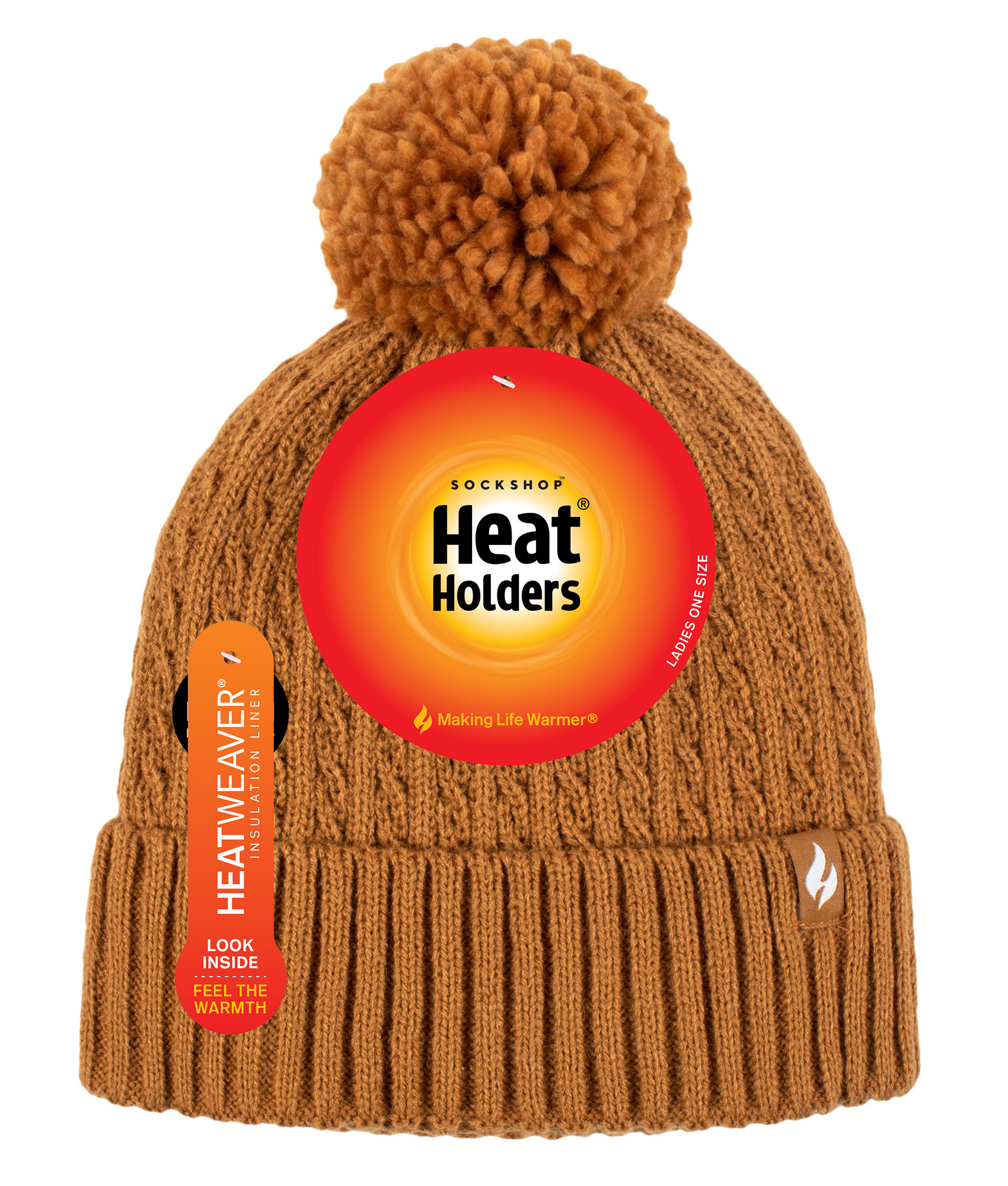 Heat Holders Ladies Thermal Cable Beanie Hat Värmehållare Vinterstickad Pom Pom Mössa Mjuk ribbad Bobble Mössa Senap dam – bild 2
