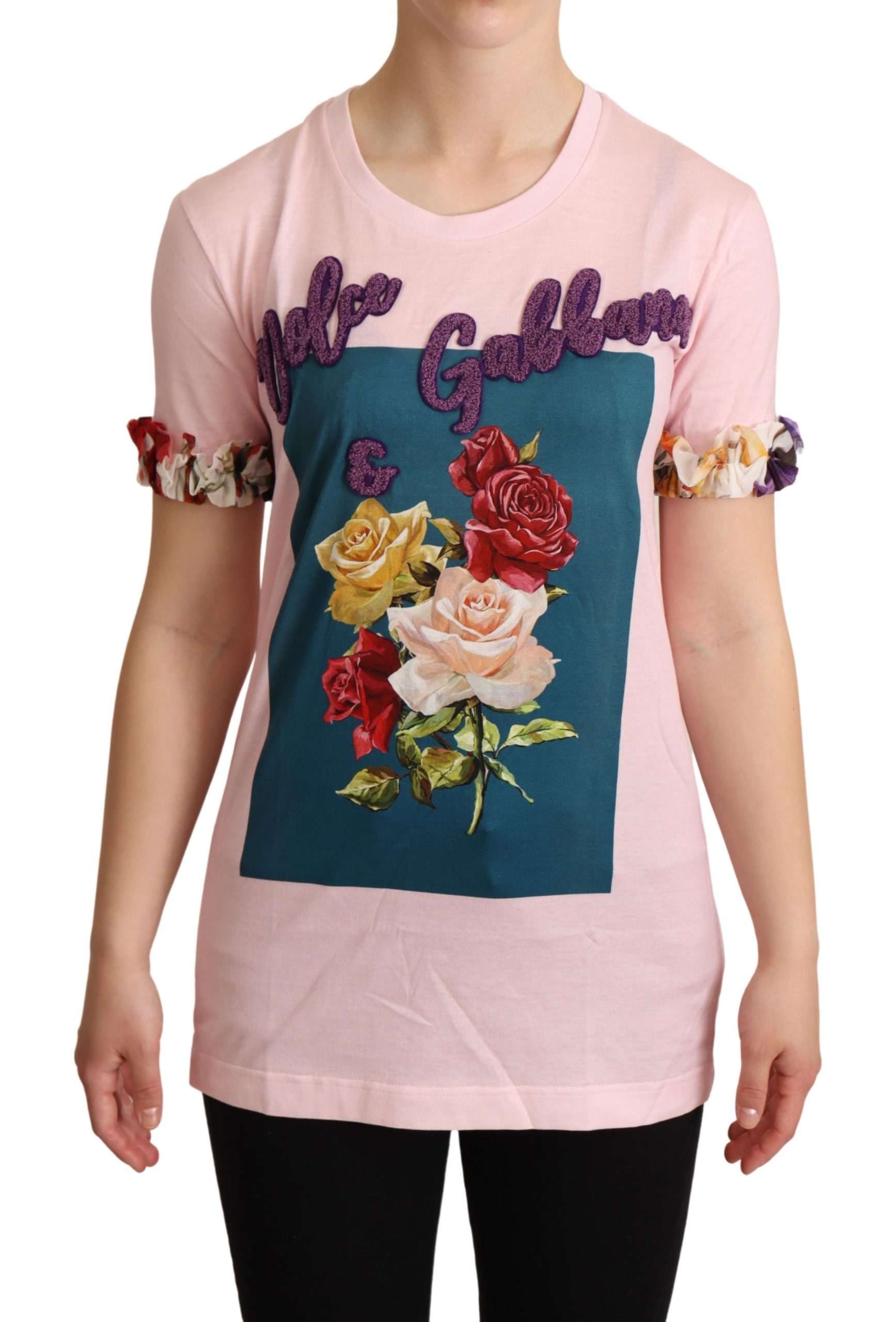 Dolce & Gabbana Womens Pink Cotton Floral Roses Crewneck T-shirt – Size 4 UK