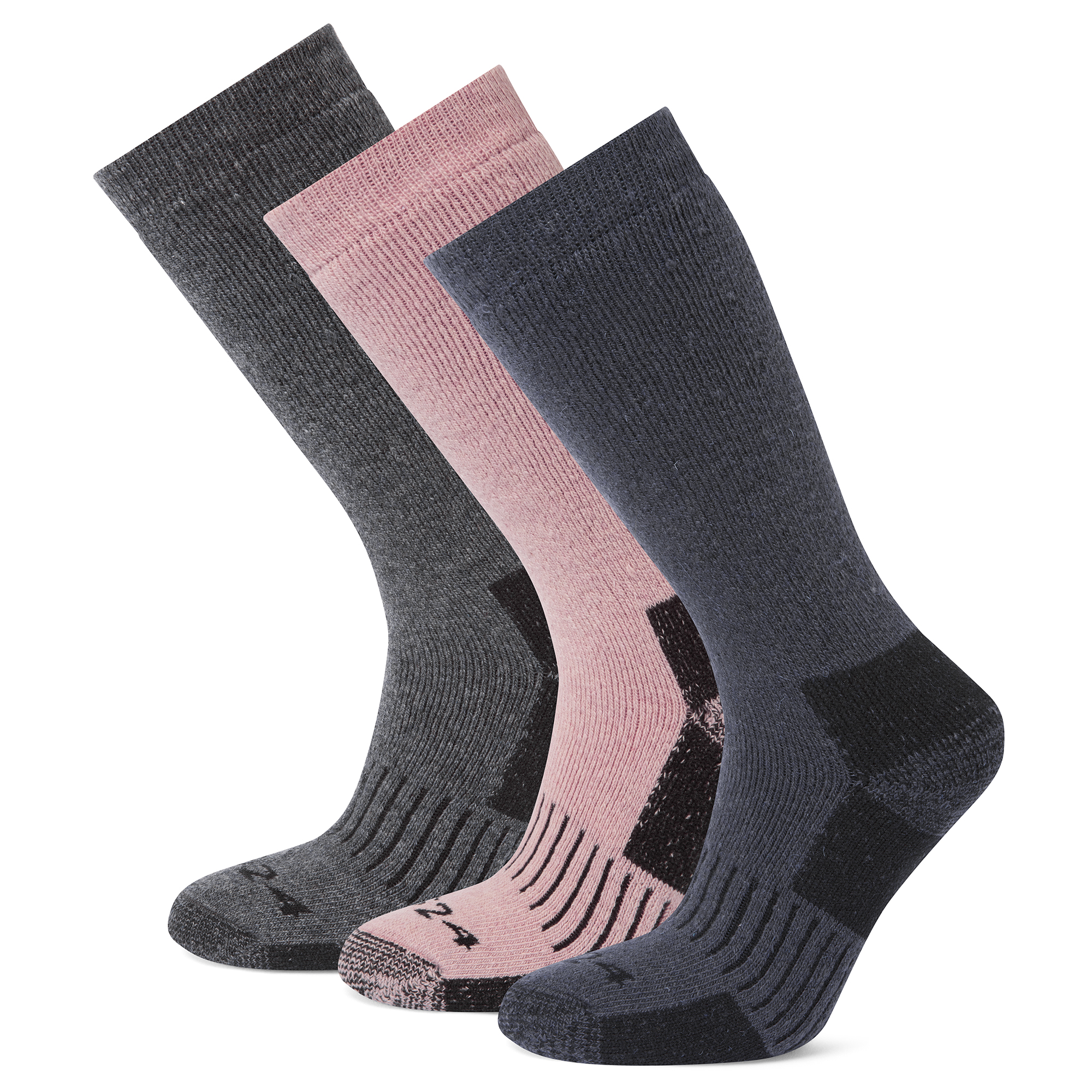 TOG24 Villach 3 Pack Womens Trek Socks Dark Grey Marl/Faded Pink/Washed Blue - Multicolour Wool - Size Small