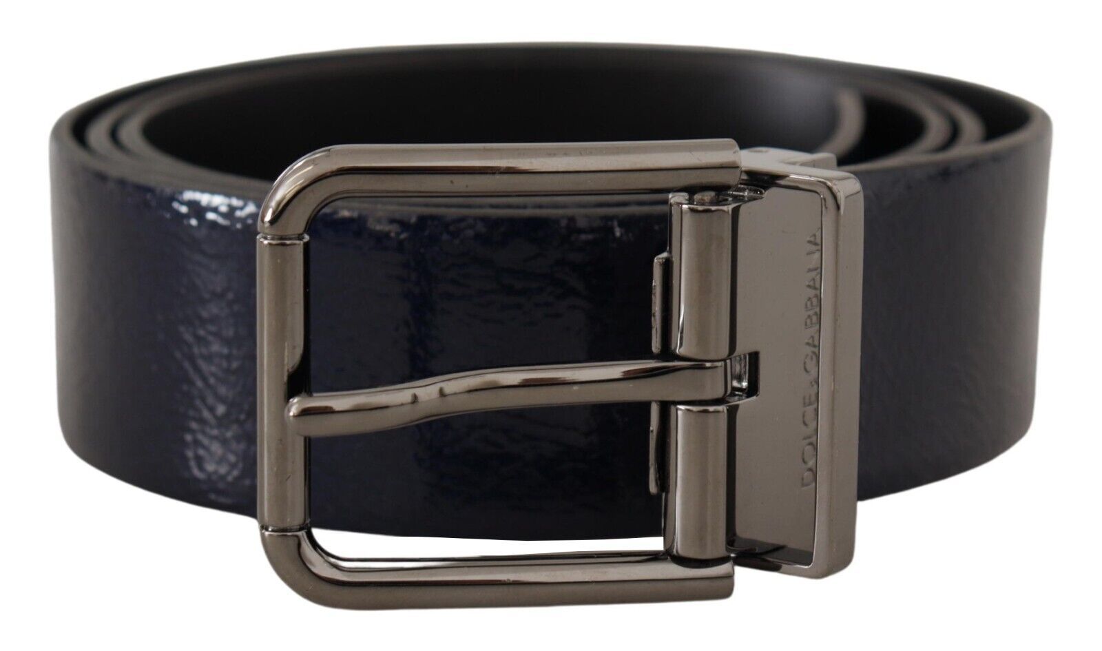 Dolce & Gabbana Mens Blue Patent Leather Vernice Silver Logo Buckle Belt - Size 90 cm