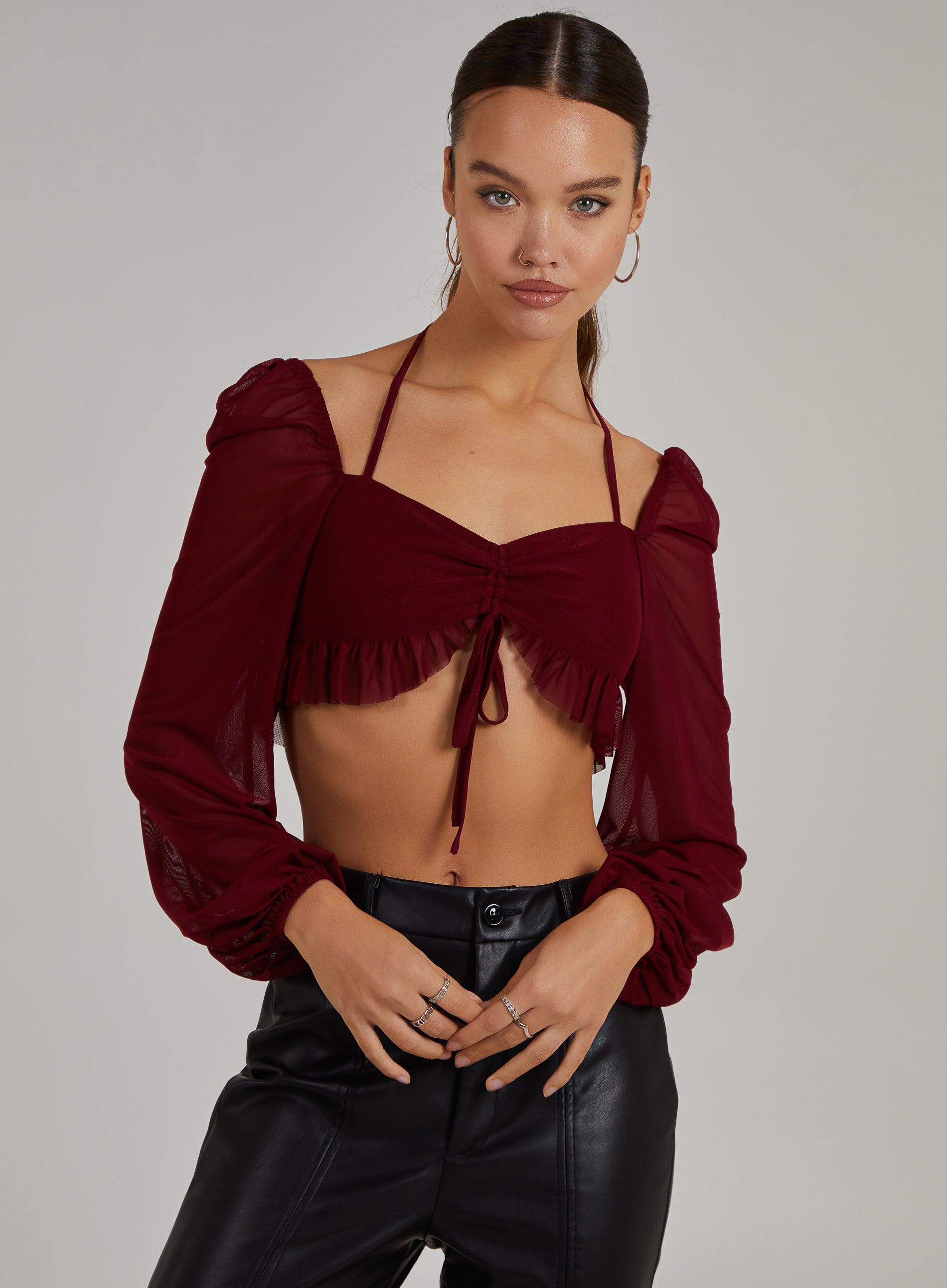 Pink Vanilla Womens Long Sleeve Halterneck Crop Top - Burgundy Fur - Size 12 UK