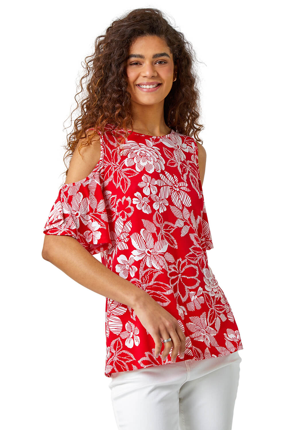 Textured Floral Print Cold Shoulder Top
