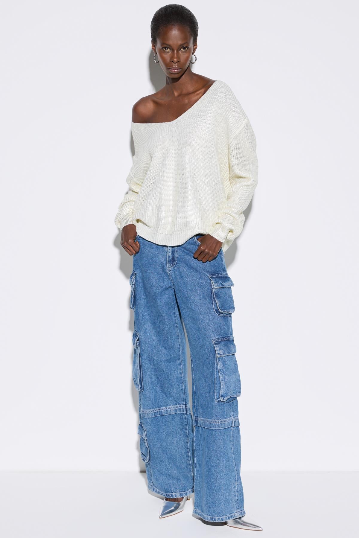 Thumbnail - V-Ausschnitt Folien-Print Strickpullover