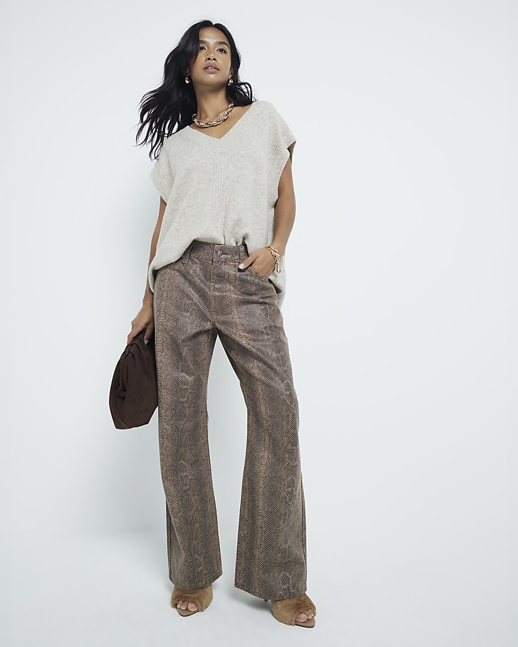 River Island Womens Straight Jeans Petite Snakeskin Relaxed - Brown - Size 12 Extra Short (UK Womens)