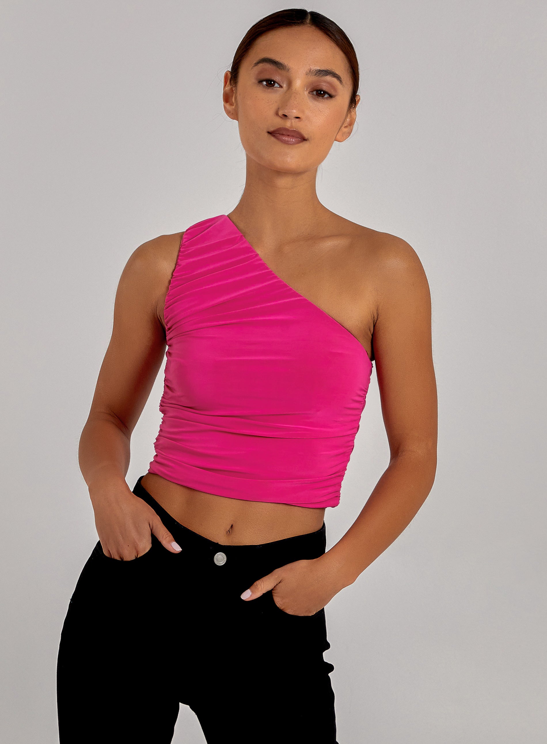 Pink Vanilla Womens One Shoulder Ruched Slinky Top - Size Large