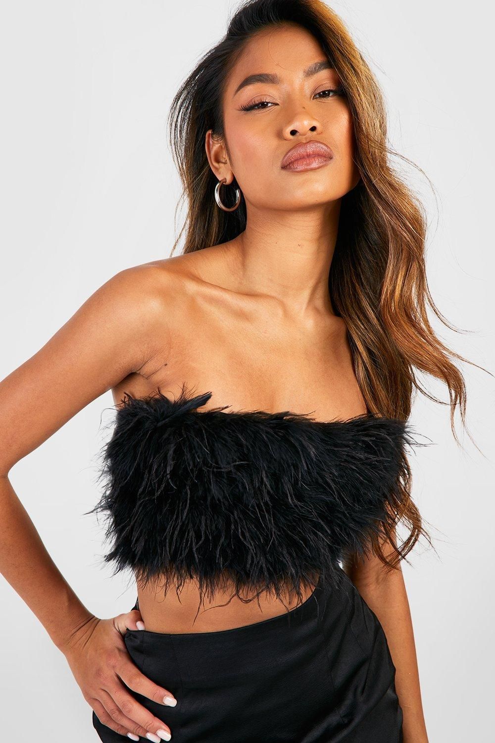 Boohoo Womens Feather Bandeau Crop - Black - Size 12 UK