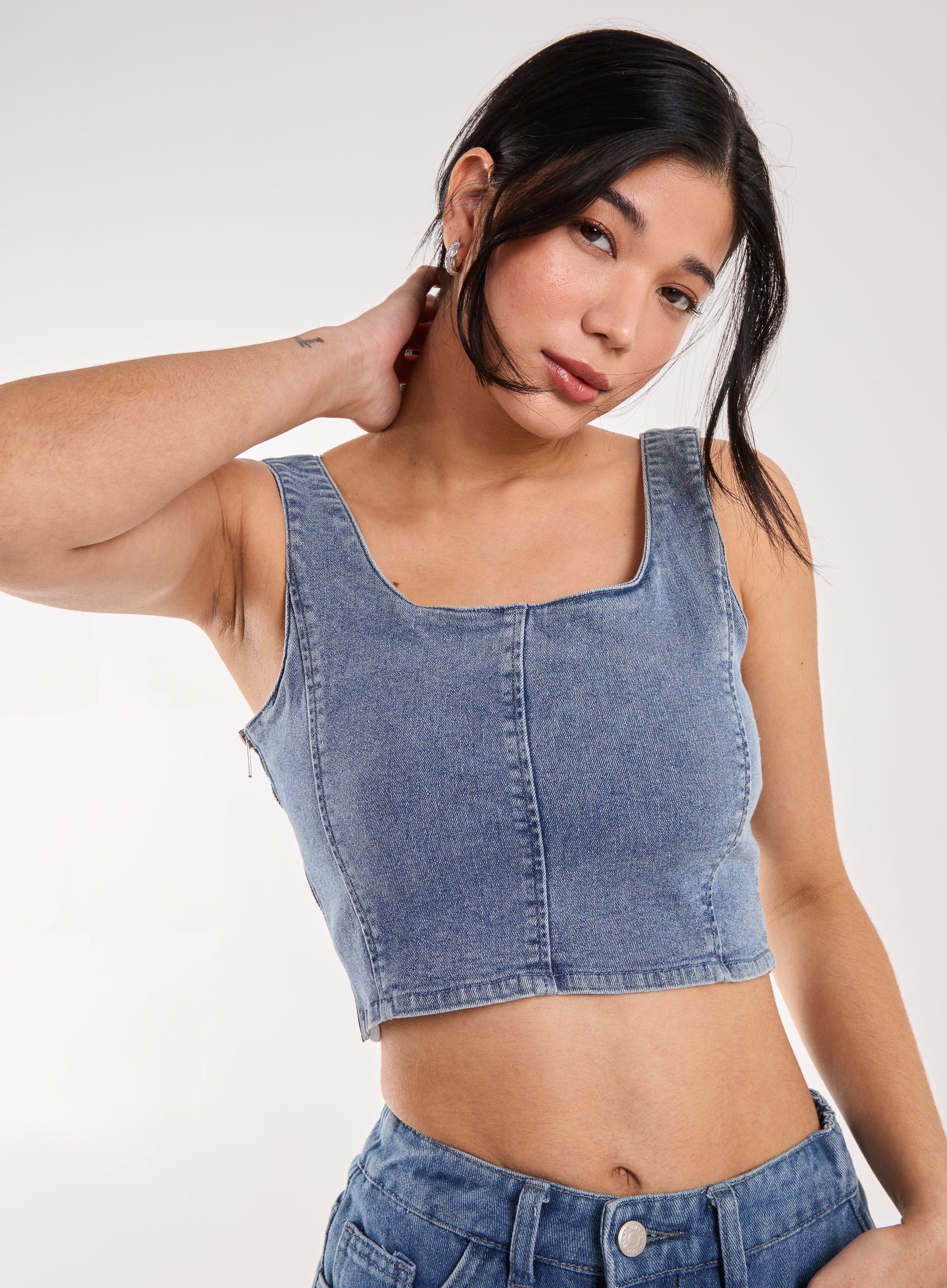 Pink Vanilla Womens Denim Cropped Corset Top - Blue - Size Small