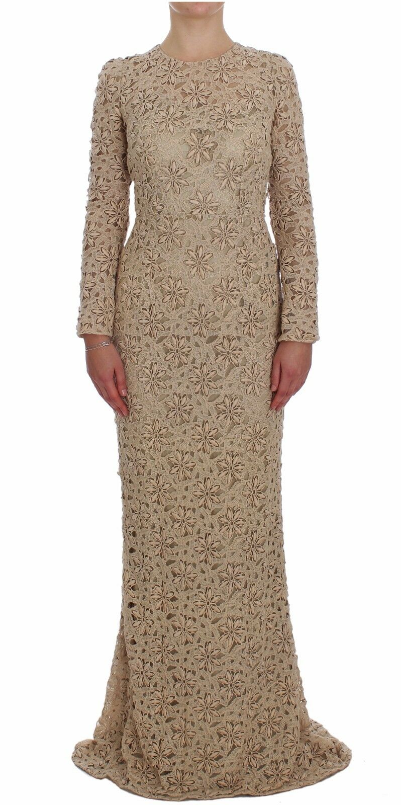 Dolce & Gabbana Womens Beige Floral Lace Sheath Maxi Dress – Brown Cotton – Size Small