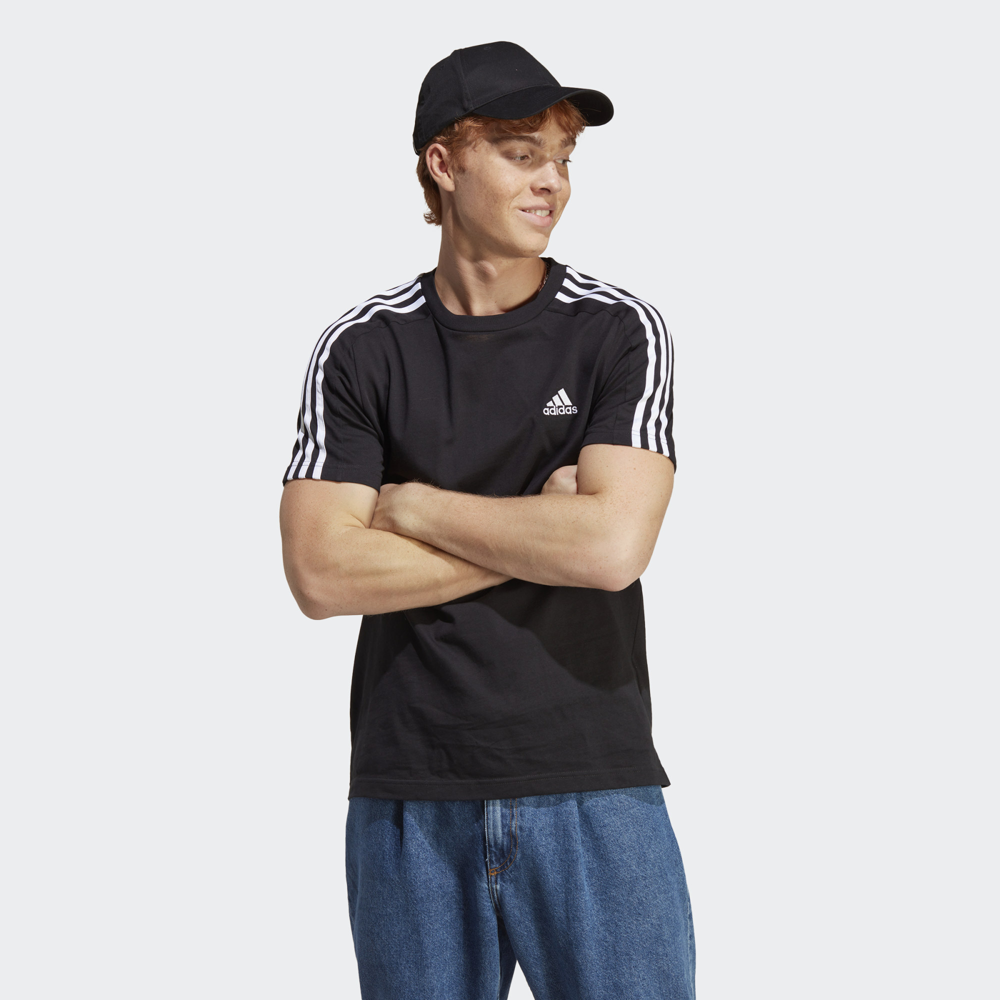 adidas Sportswear Mens Essentials Single Jersey 3-Stripes Tee - Black/White Cotton - Size Small