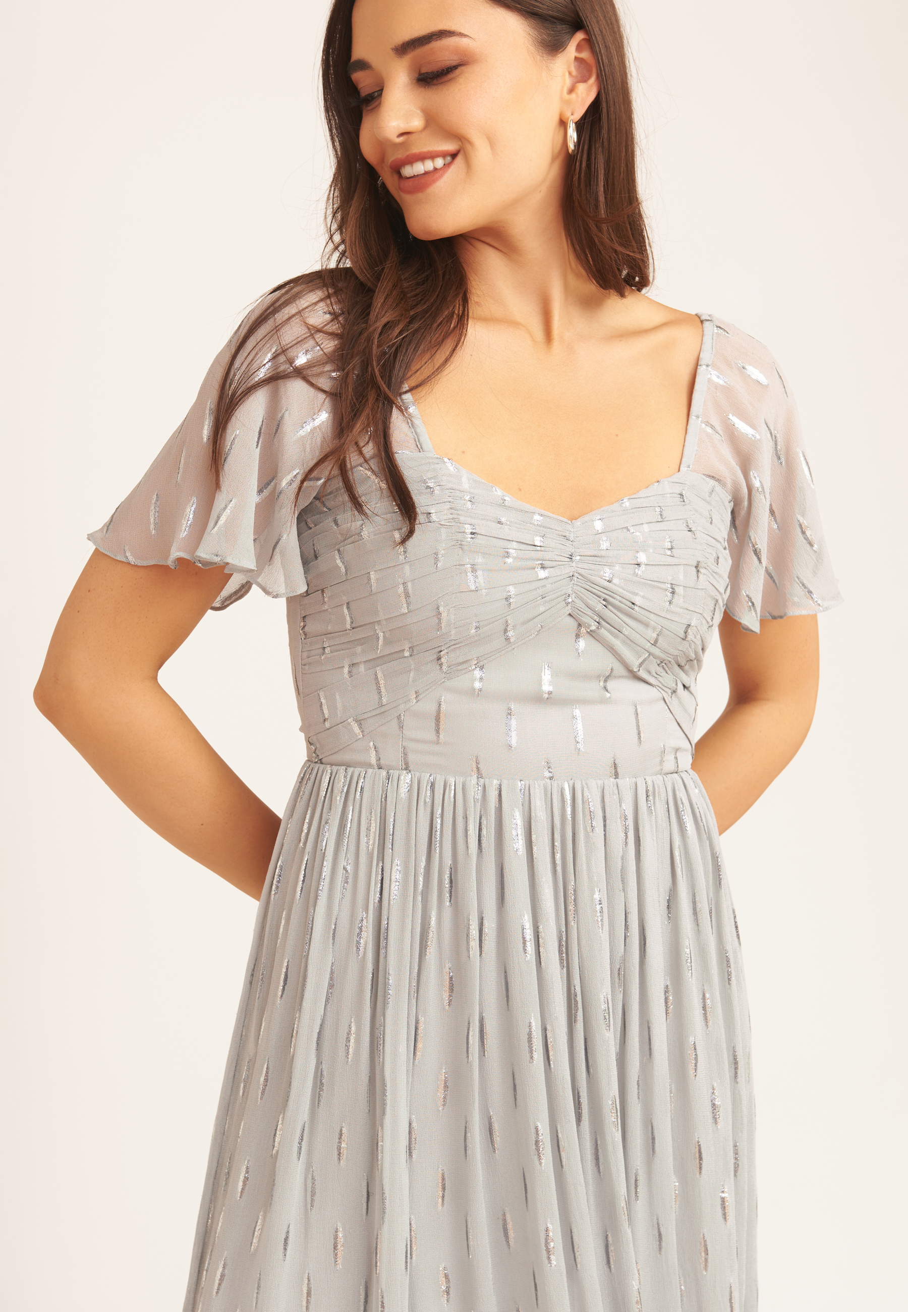 Gini London Jacquard Metallic Angel Sleeves Midiklänning dam – bild 2
