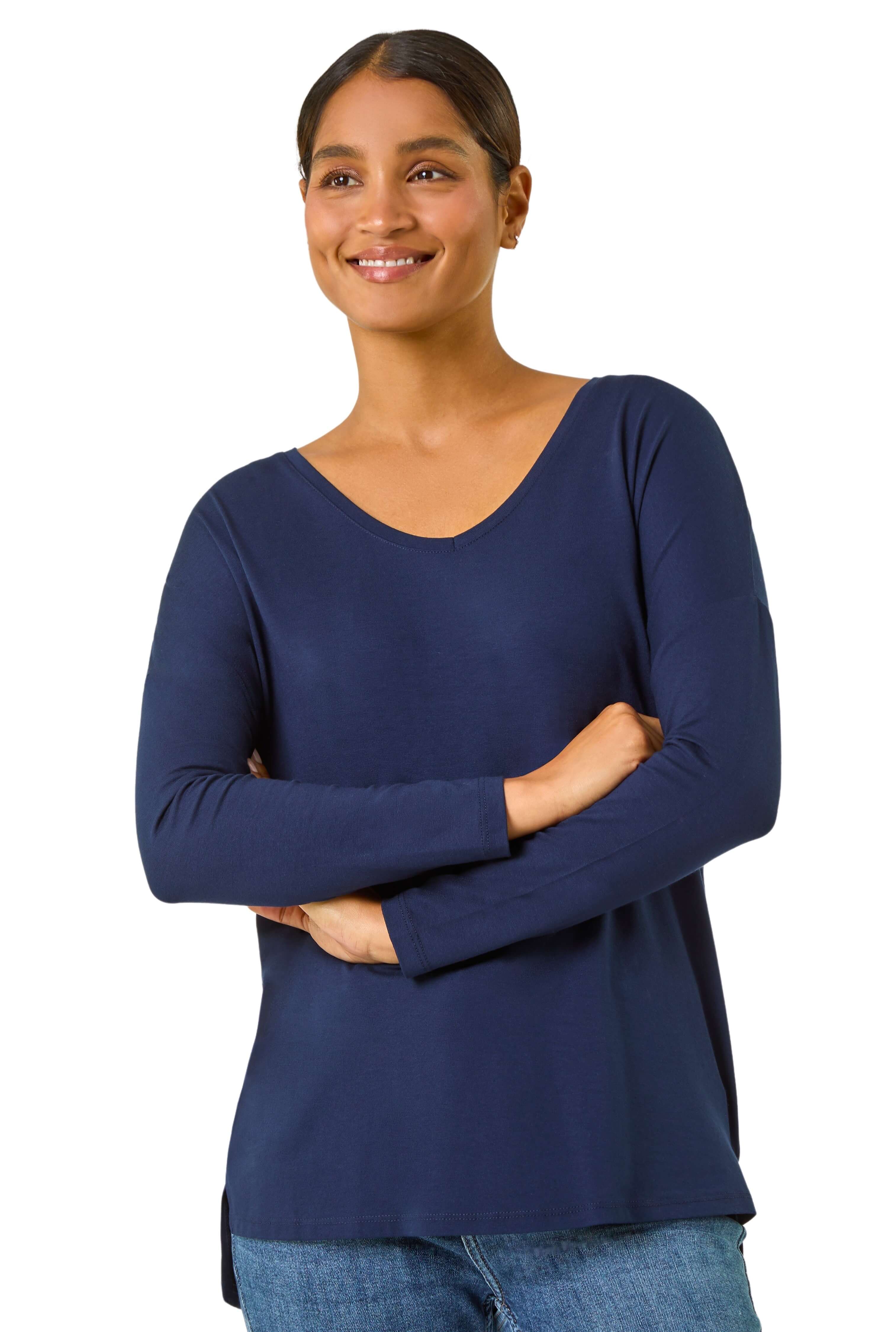 Roman Womens V-Neck Tunic Stretch Top - Blue - Size 12 UK