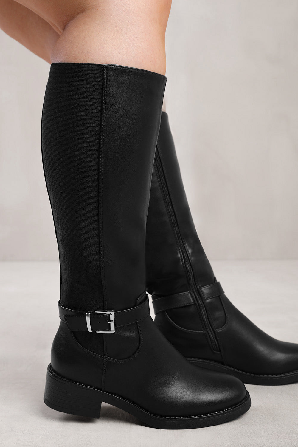 Where's That From Wheres Womens 'Bode' Stretch Wide Calf Knee High Boots With Buckle Detail - Black - Size 6 Wide Fit (UK Shoe)