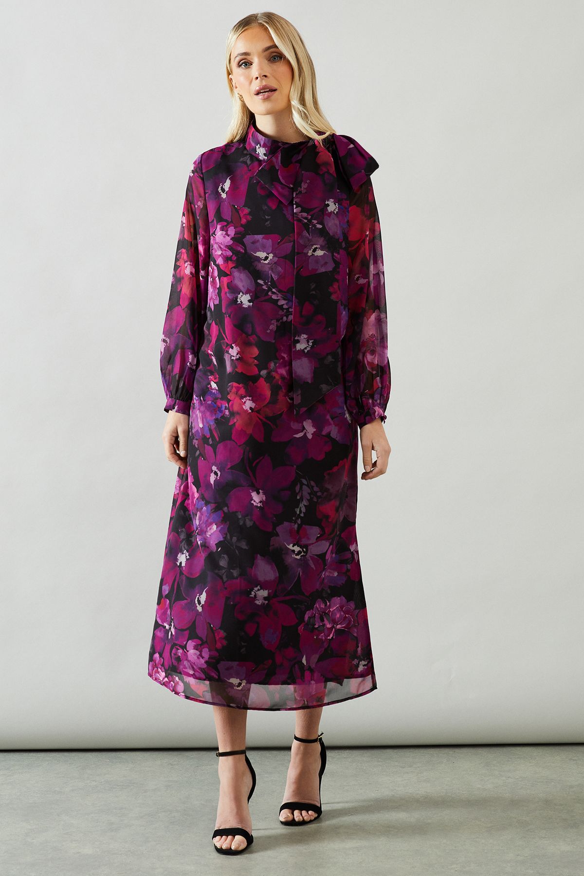 Wallis Womens Petite Floral Print Tie Neck Georgette Midi Dress - Purple - Size 18 UK