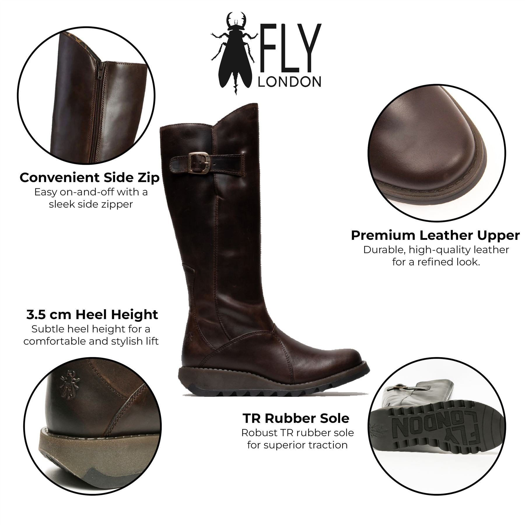 Womens Brown MOL 2 Leather Wedge Heel Knee High Zip Up Boots 2