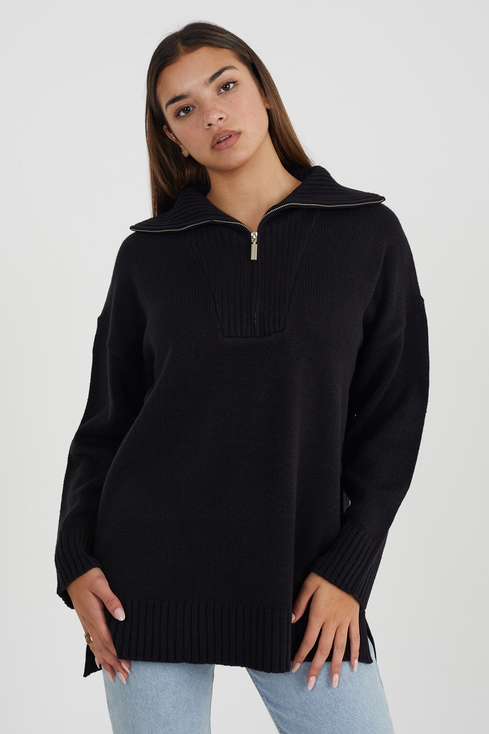 Brave Soul Womens Black Oversized Zip Collar Knitted Jumper - Size Small