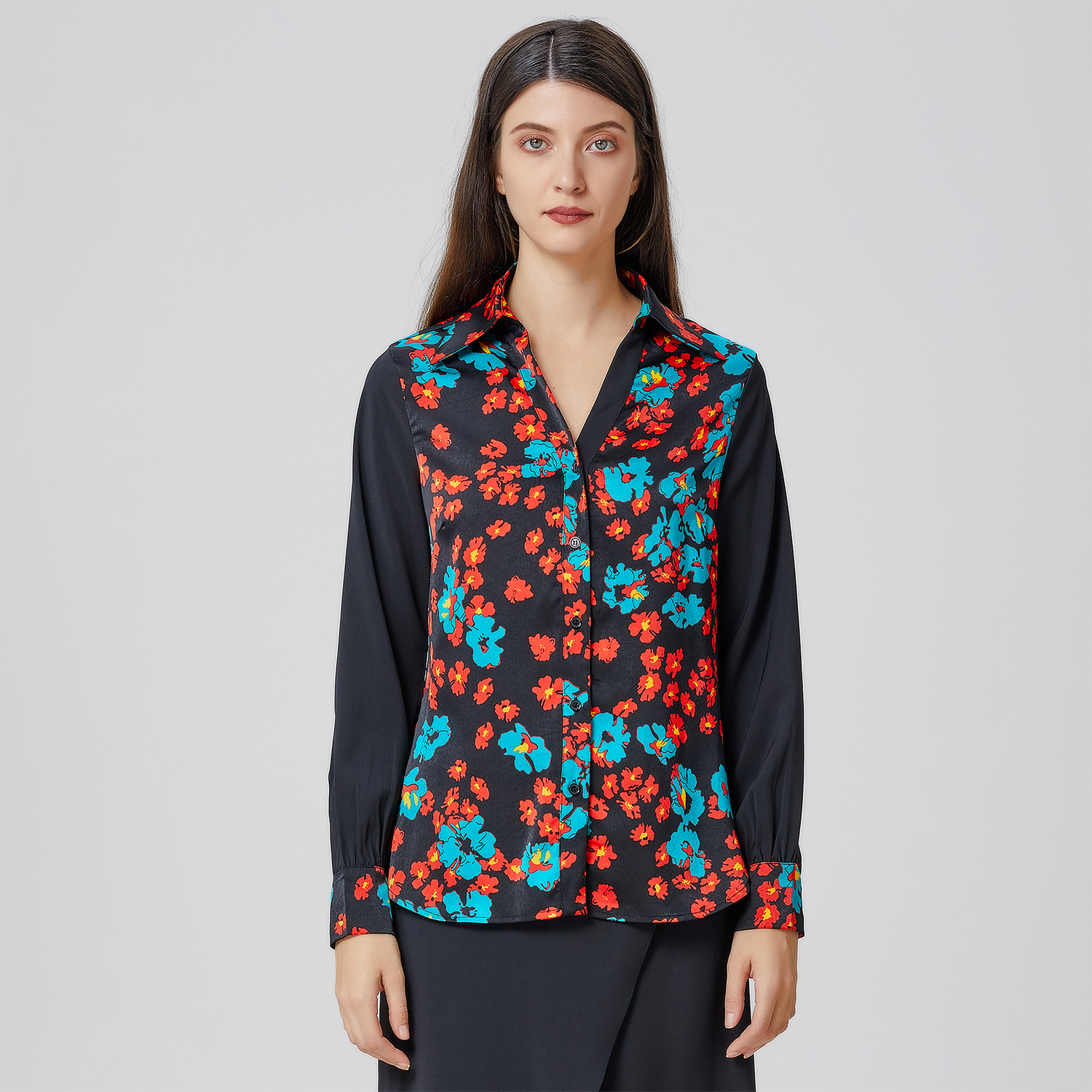 Overhemd met bloemenprint van twee materialen