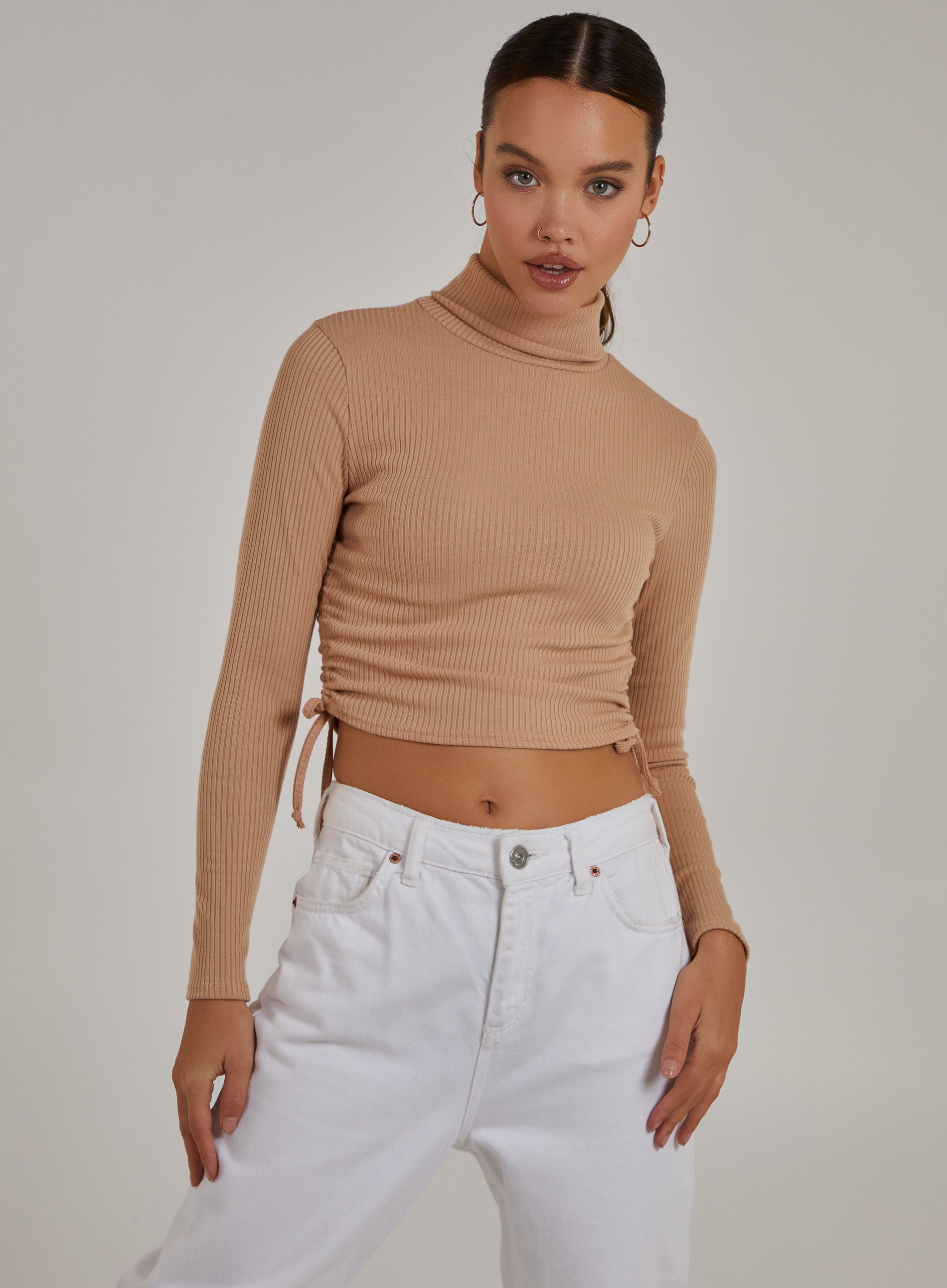 Pink Vanilla Womens Ruched High Neck Side Top - Stone - Size Medium