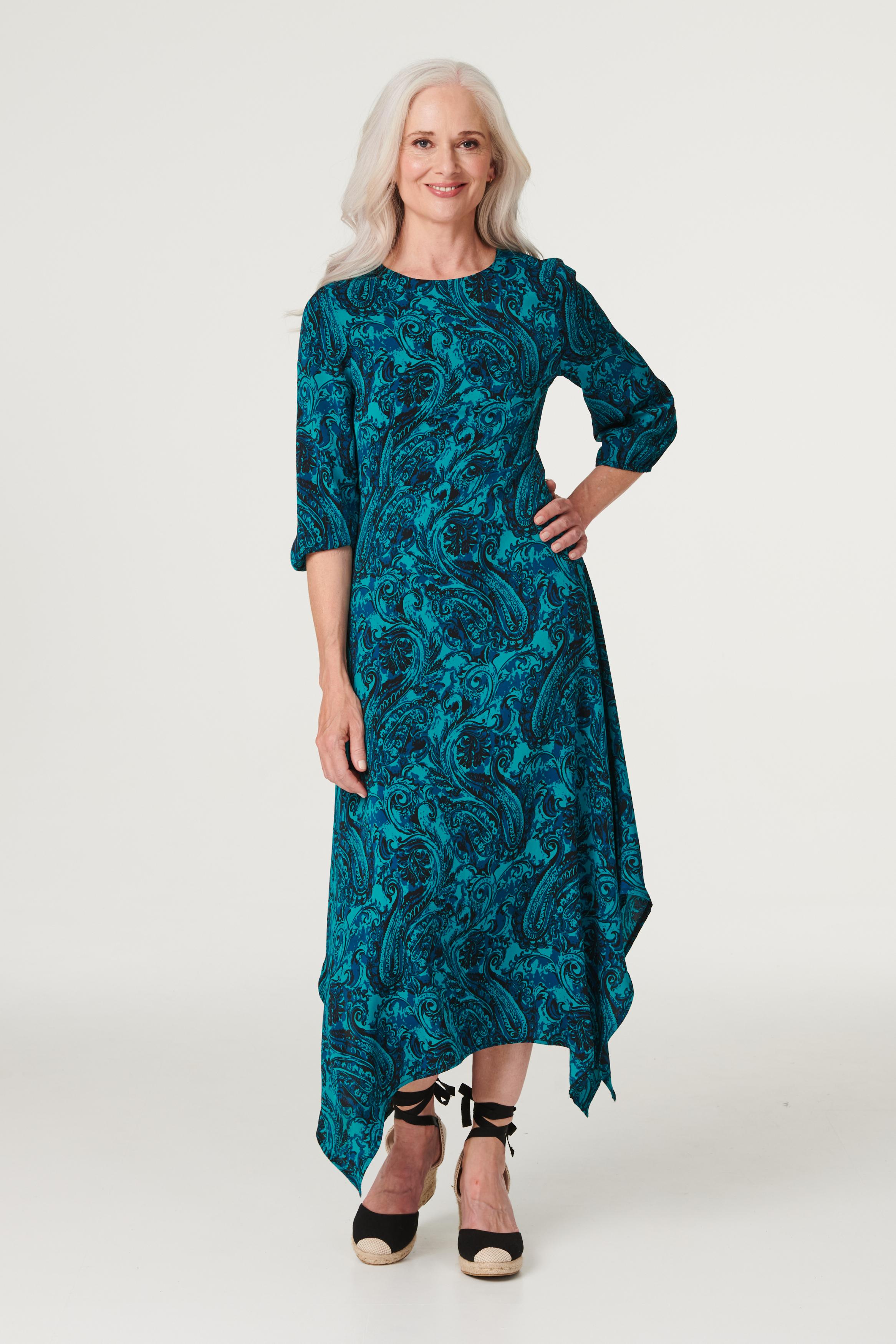 Izabel London Womens Green Paisley Hanky Hem Midi Dress - Size 8 UK