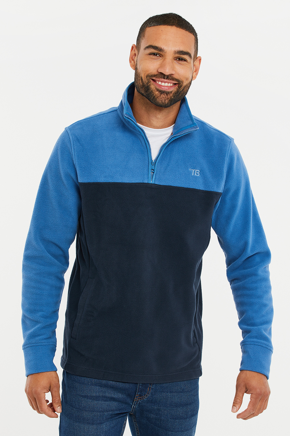 Threadbare Mens Blue 'Wham' Two Tone Quarter Zip Fleece Jumper - Size Large