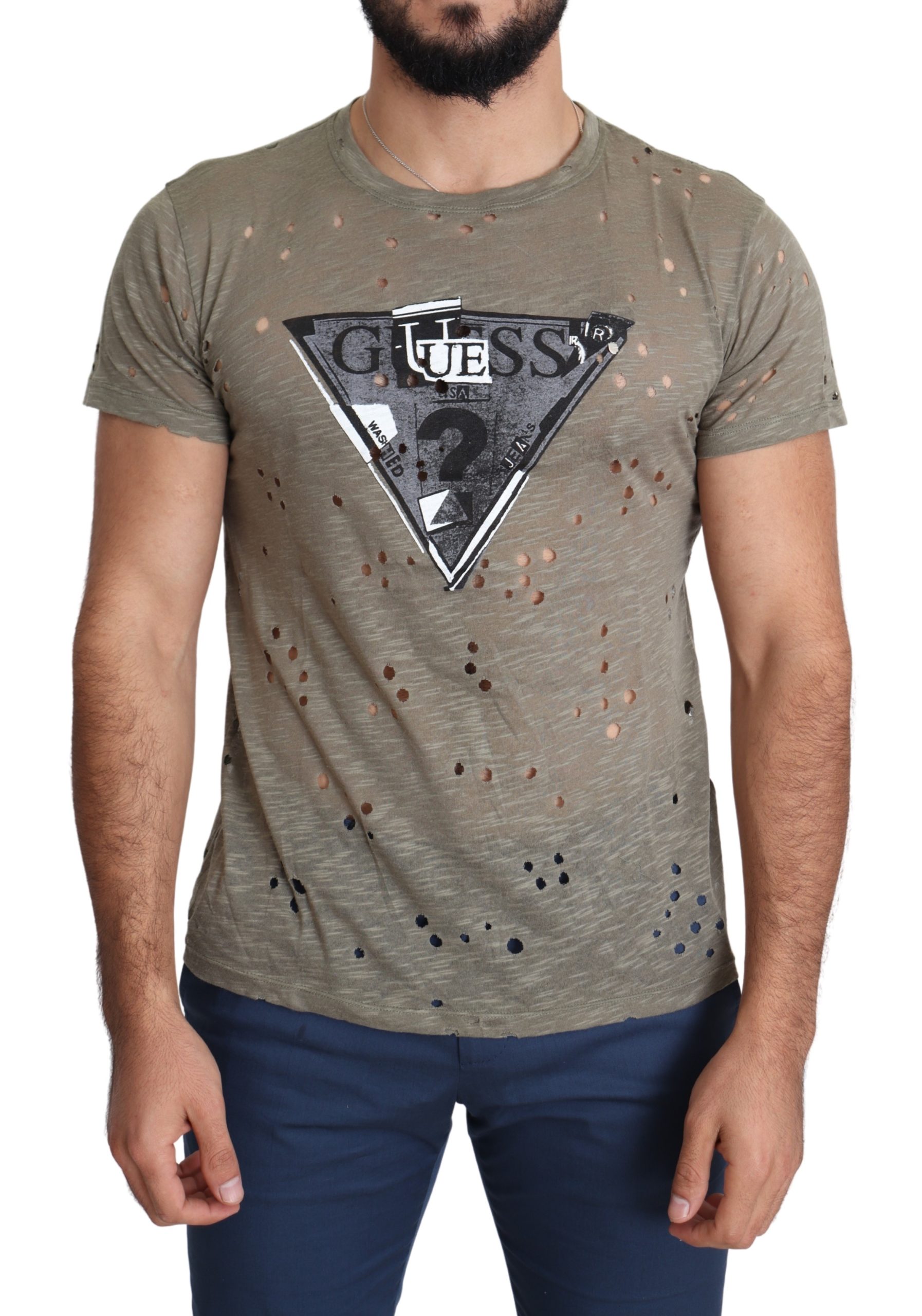 Thumbnail - Guess T-shirt marron en coton stretch imprimé logo pour hommes, décontracté et perforé