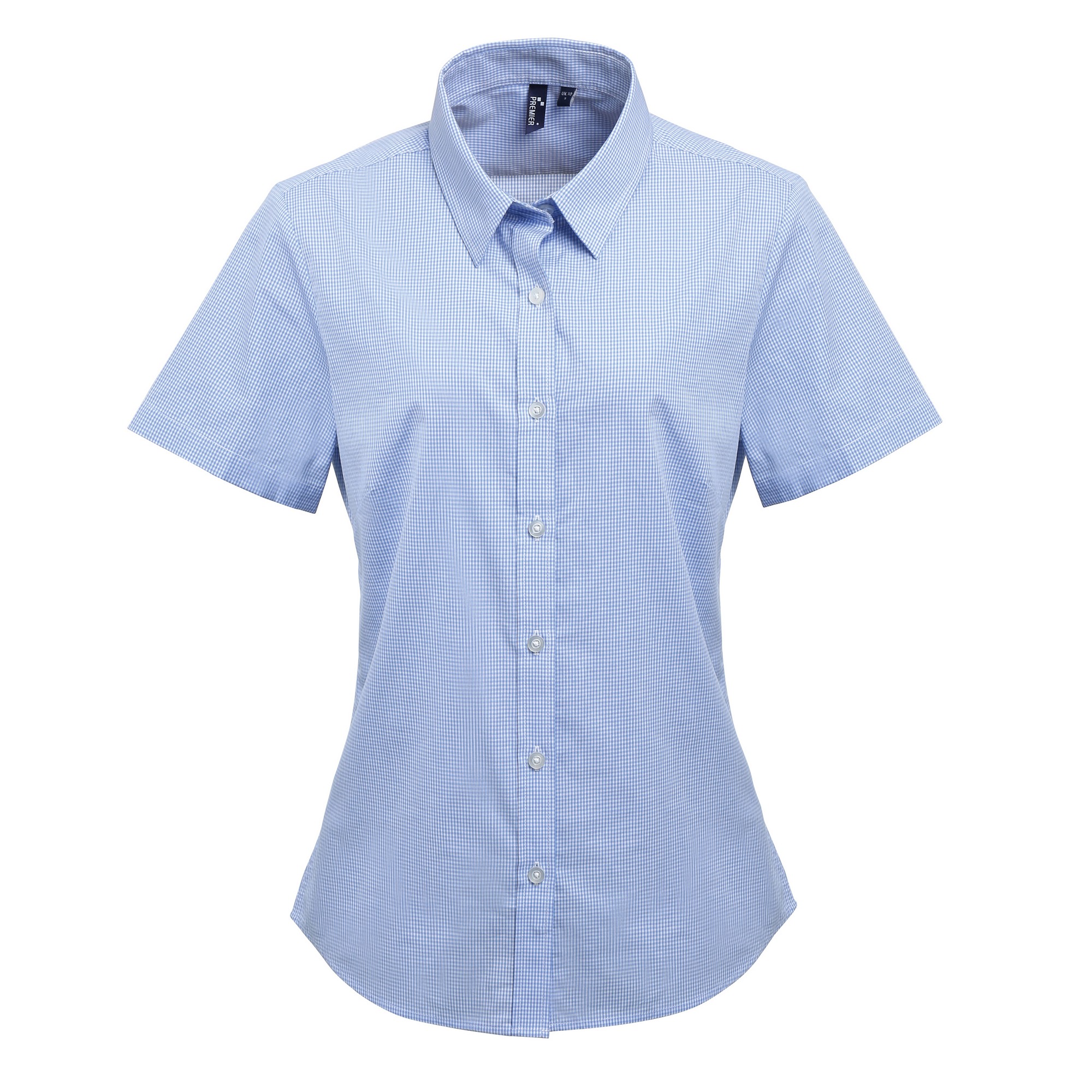 Thumbnail - Premier Womens/Ladies Microcheck Kurzarm-Baumwollhemd (Hellblau/Weiß)