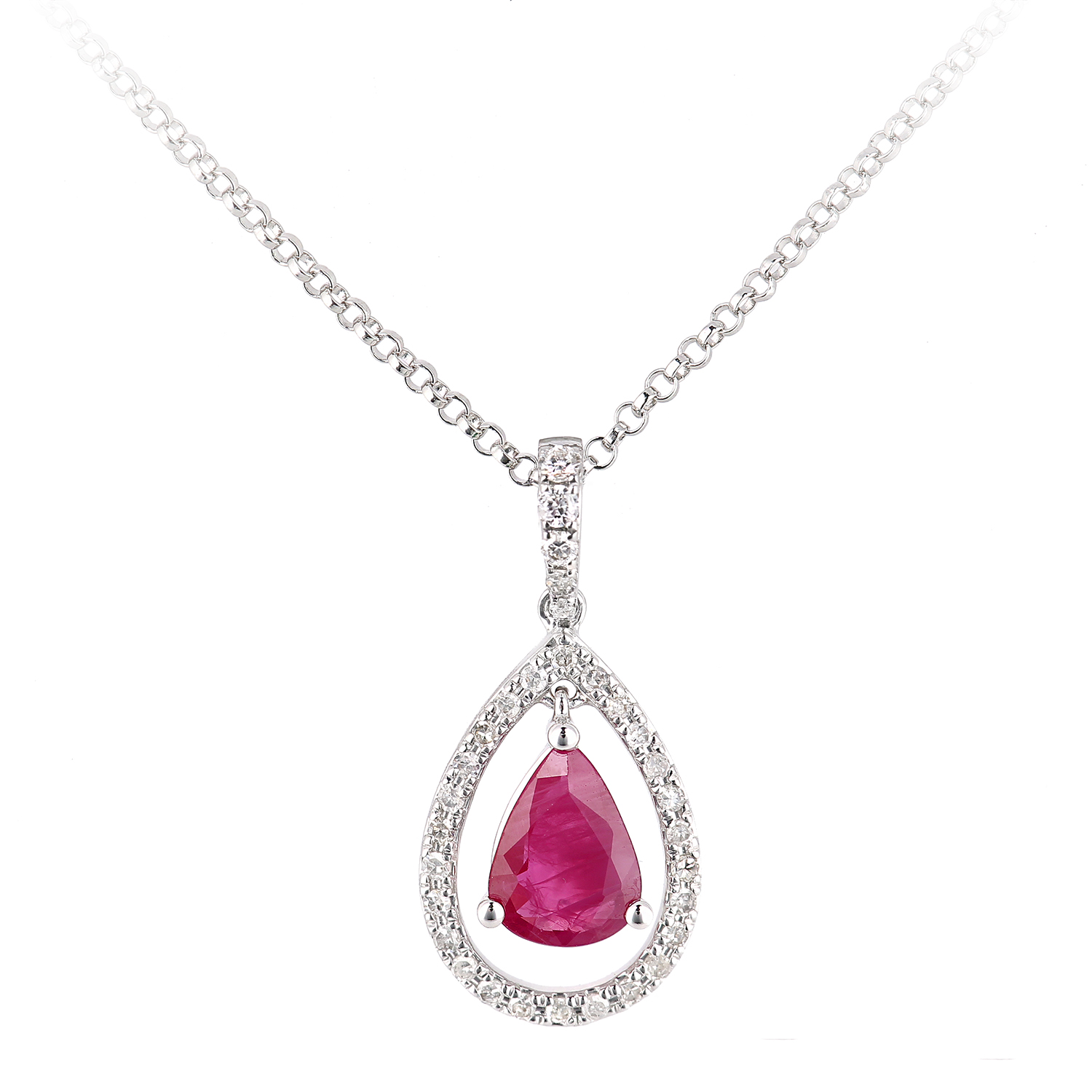 Diamant L’Eternel Womens 18ct White Gold Ruby and Diamond Teardrop Pendant Necklace – Size P 1/2