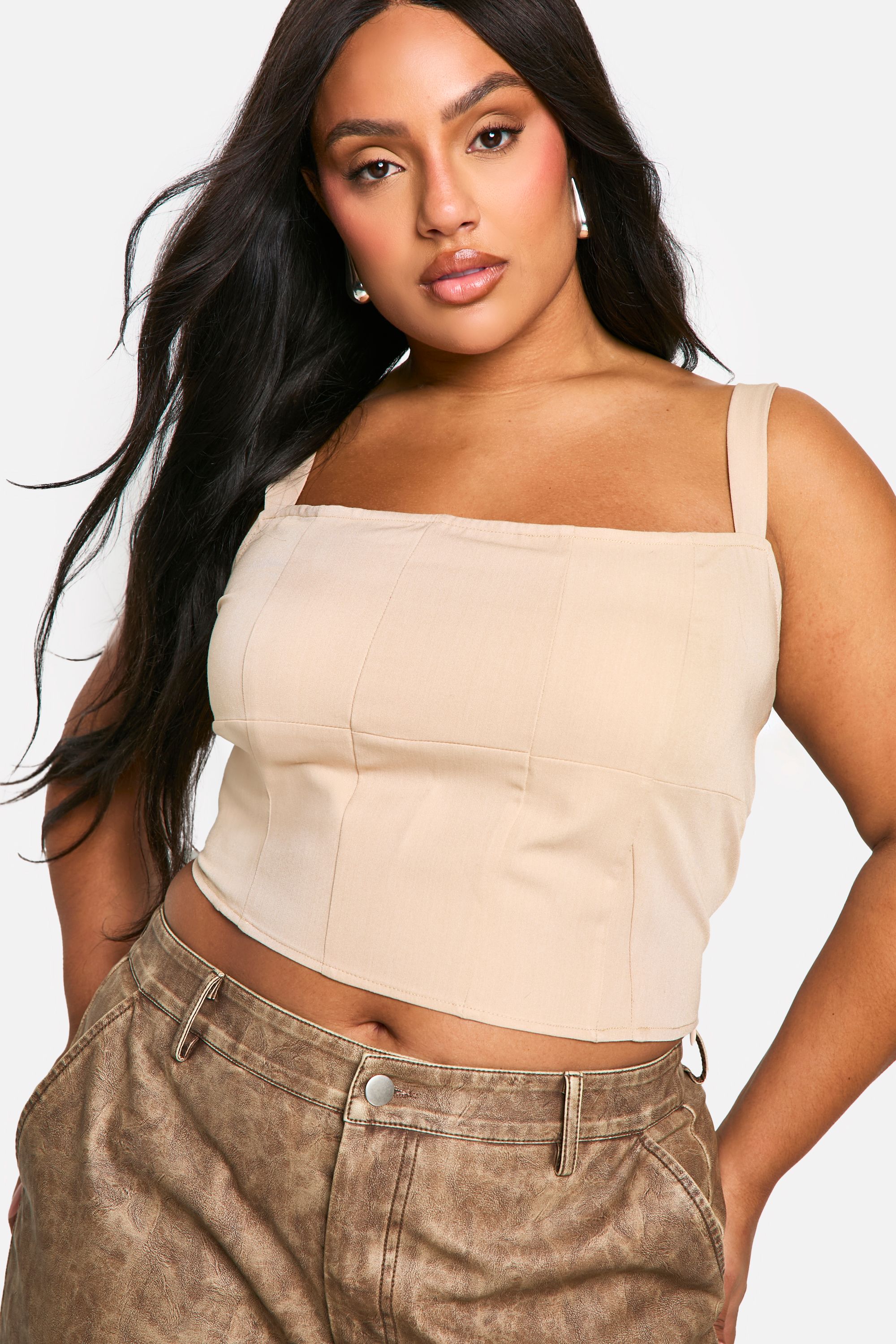 Boohoo Womens Plus Square Neck Seam Detail Corset - Beige - Size 18 UK